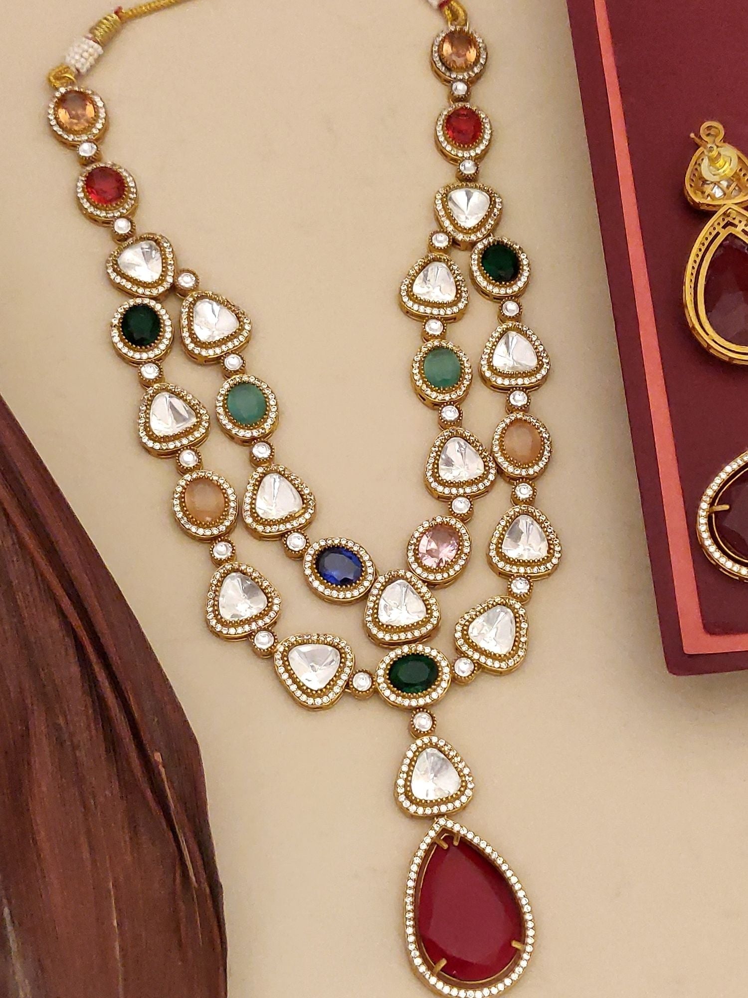 Abdesignsjewellery gold plated polki necklace set with multicolor stones and teardrop pendant for bridal wear