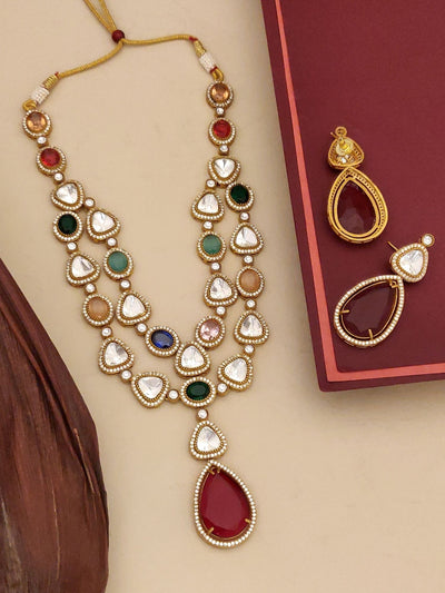 Abdesigns Gold Plated Multicolour Jaipuri Stone Polki Necklace Set