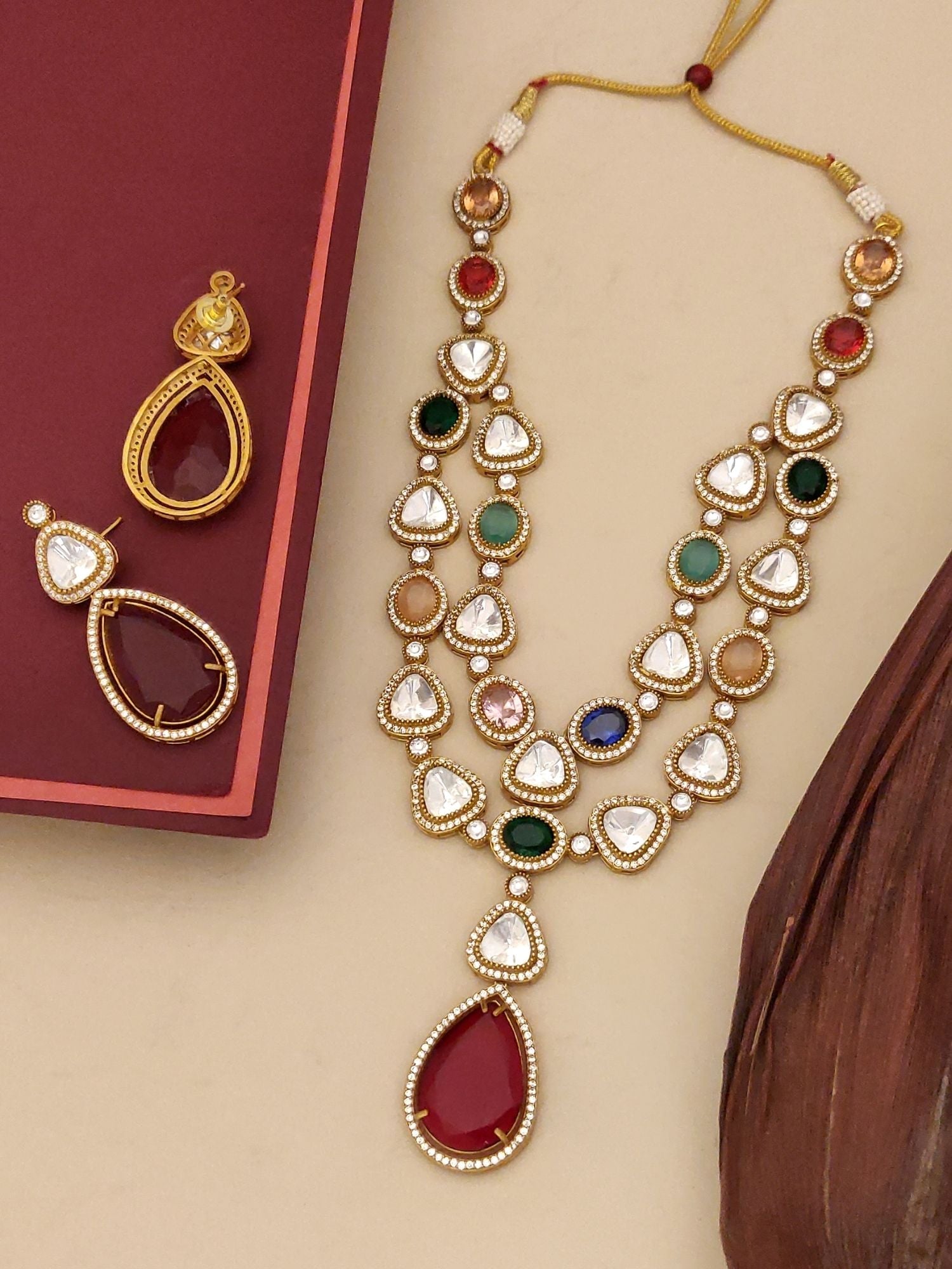 Abdesignsjewellery gold plated polki necklace set with multi colored gemstones and teardrop pendant