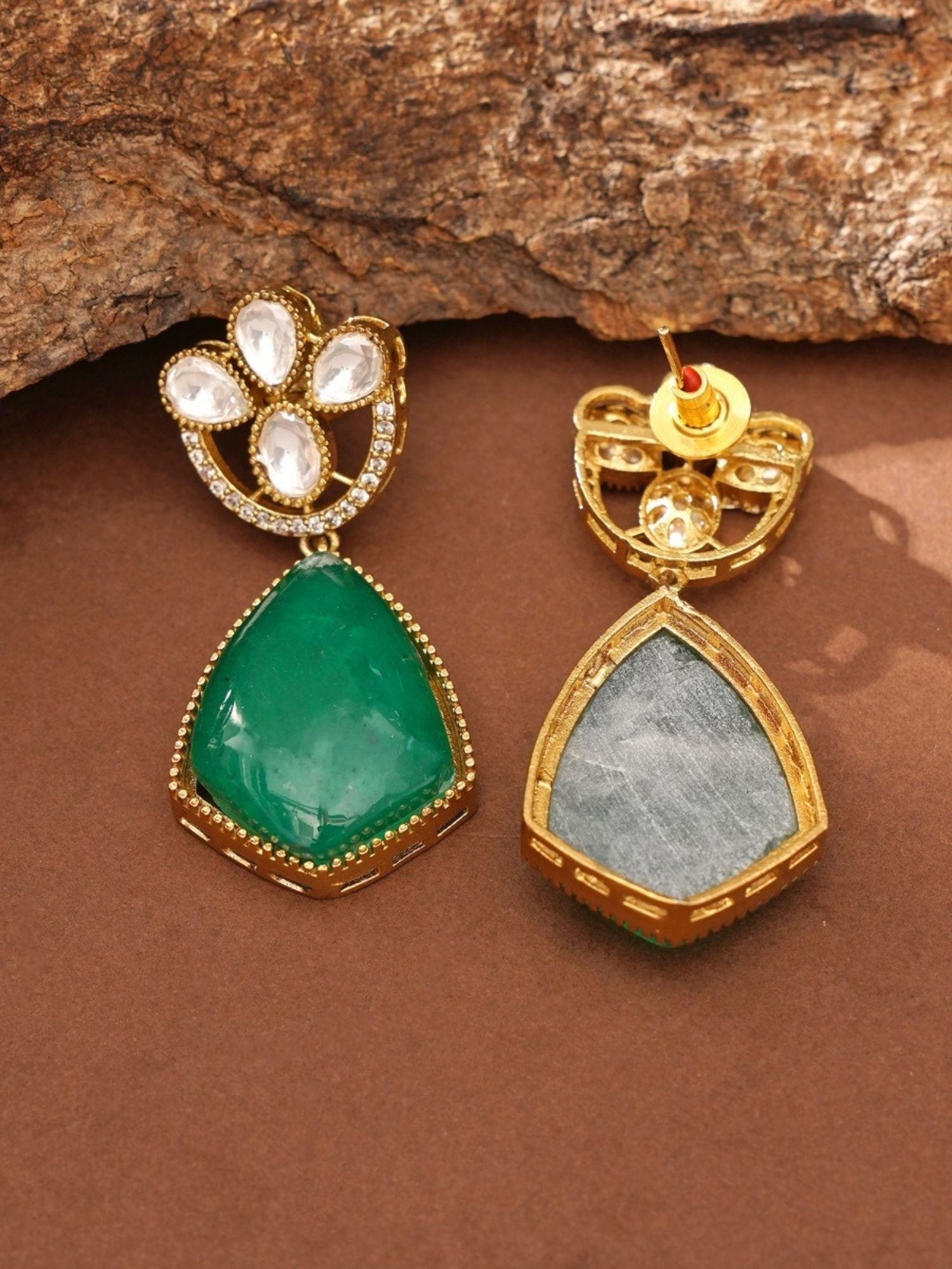 Abdesignsjewellery gold plated polki necklace set featuring green teardrop gemstone pendant with polki cluster top