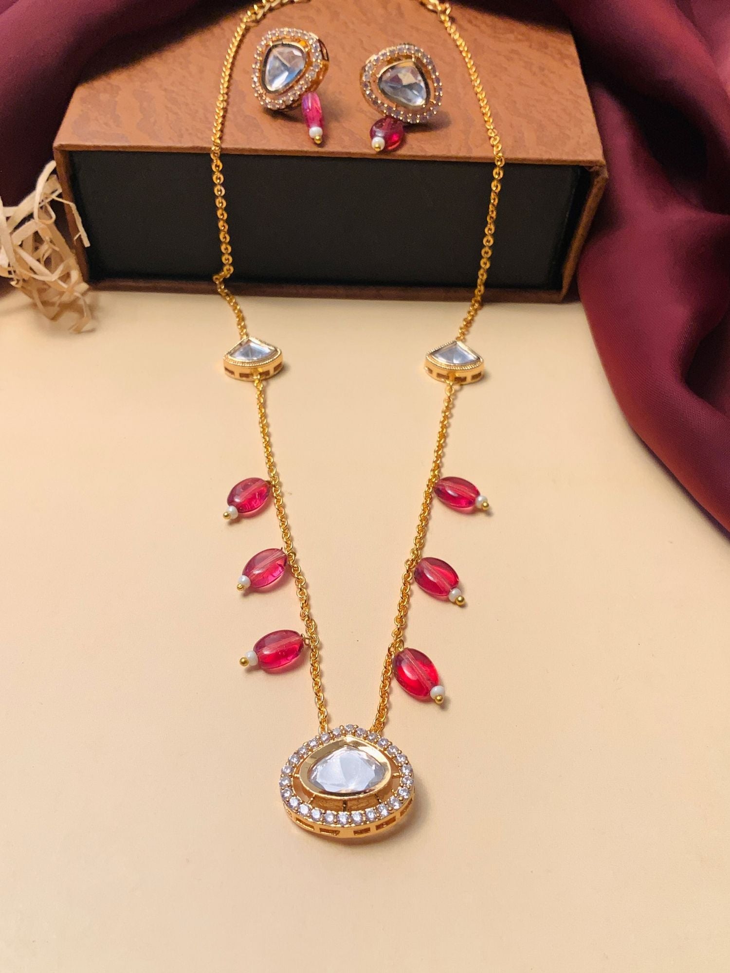 Abdesignsjewellery Gold Plated Polki Pendant Chain With Earrings with clear polki center and pink teardrop beads
