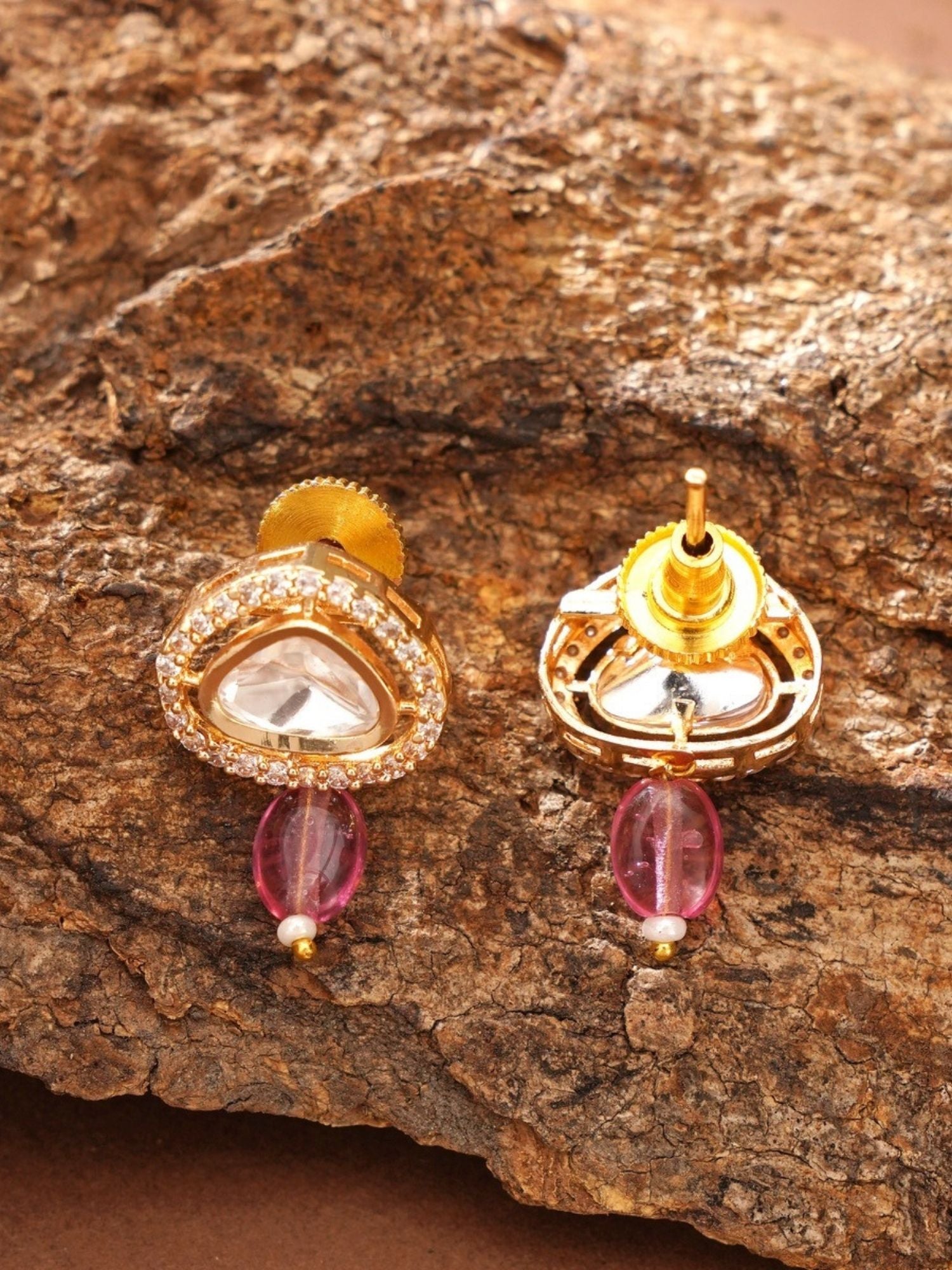Gold Plated Polki Pendant Chain With Earrings gold plated polki stud earrings with teardrop clear stone and pink bead dangle