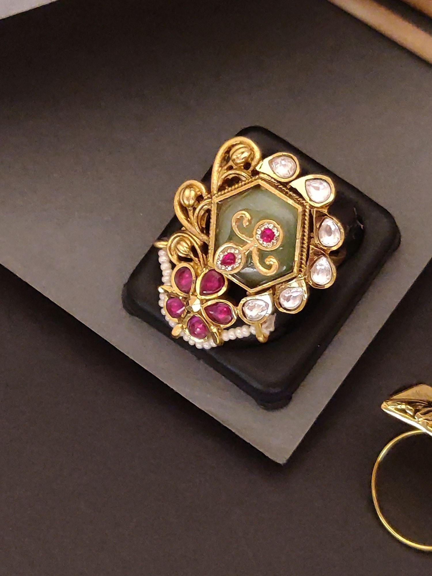 Abdesignsjewellery gold plated ruby kundan ring with hexagonal green enamel center and floral ruby cluster