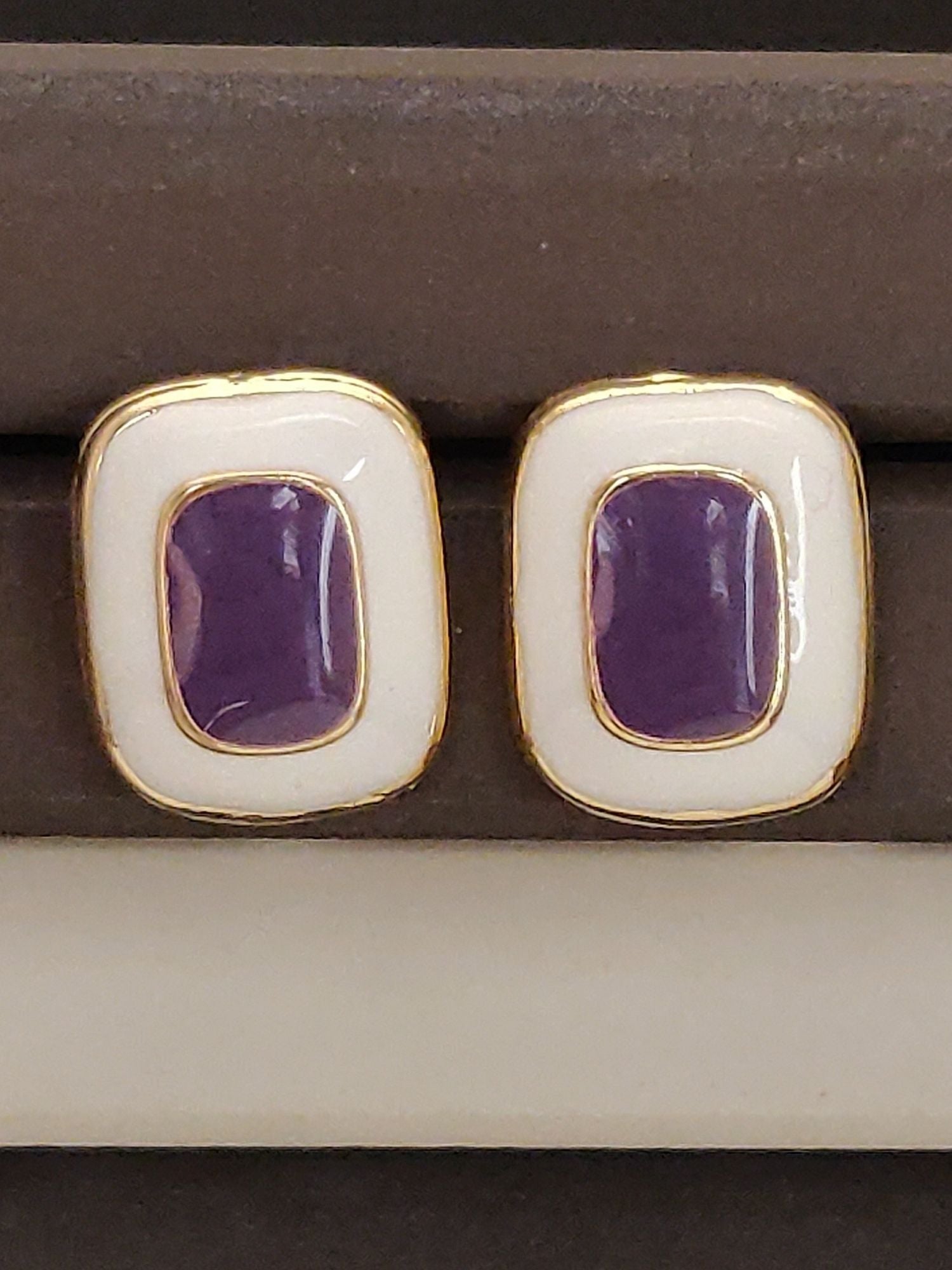Abdesignsjewellery Gold Plated Square Shaped Studs Earring with white and purple enamel details