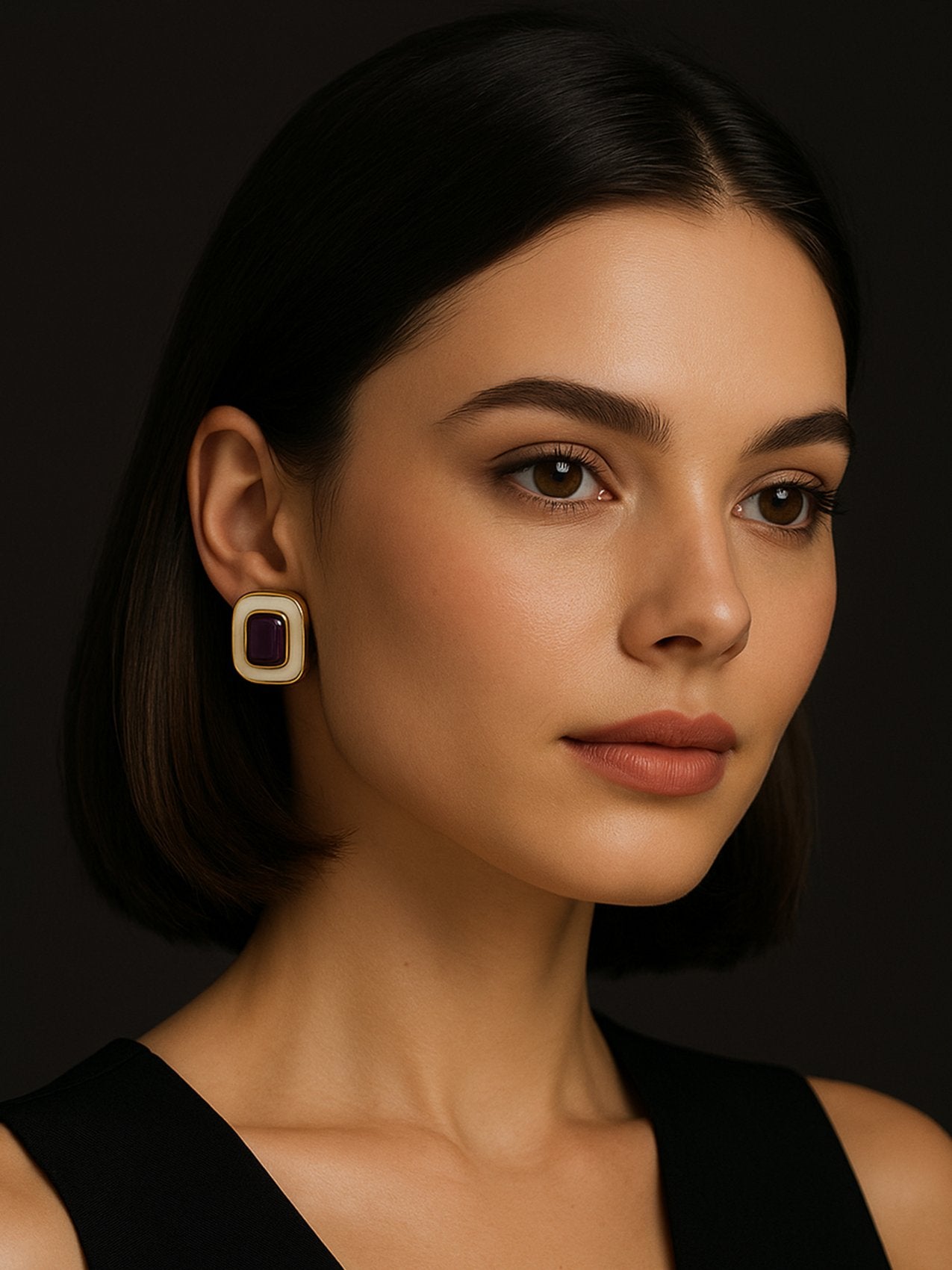 Gold Plated Square Shaped Studs Earring worn by woman with short dark hair and natural makeup