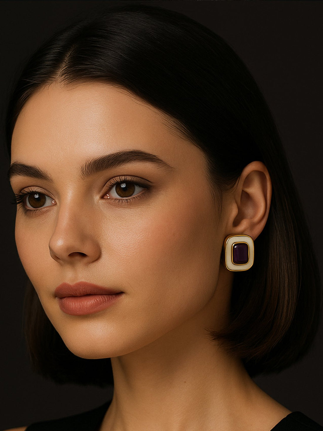 Gold Plated Square Shaped Studs Earring worn by woman with short dark hair and natural makeup