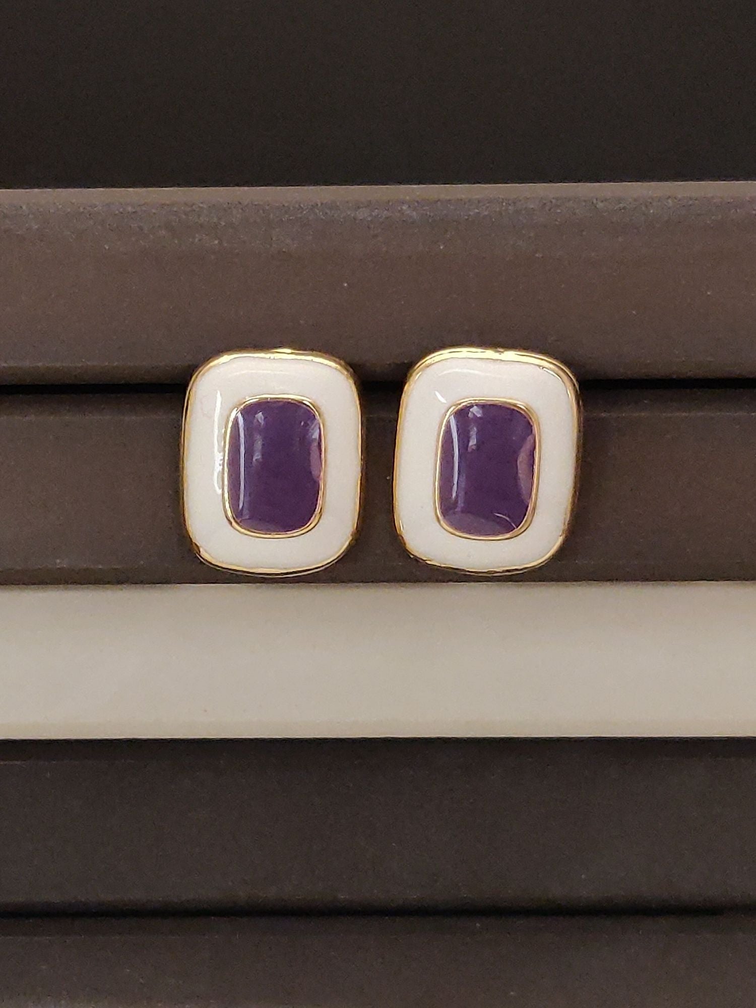 Gold Plated Square Shaped Studs Earring with white border and purple center stones by Abdesignsjewellery