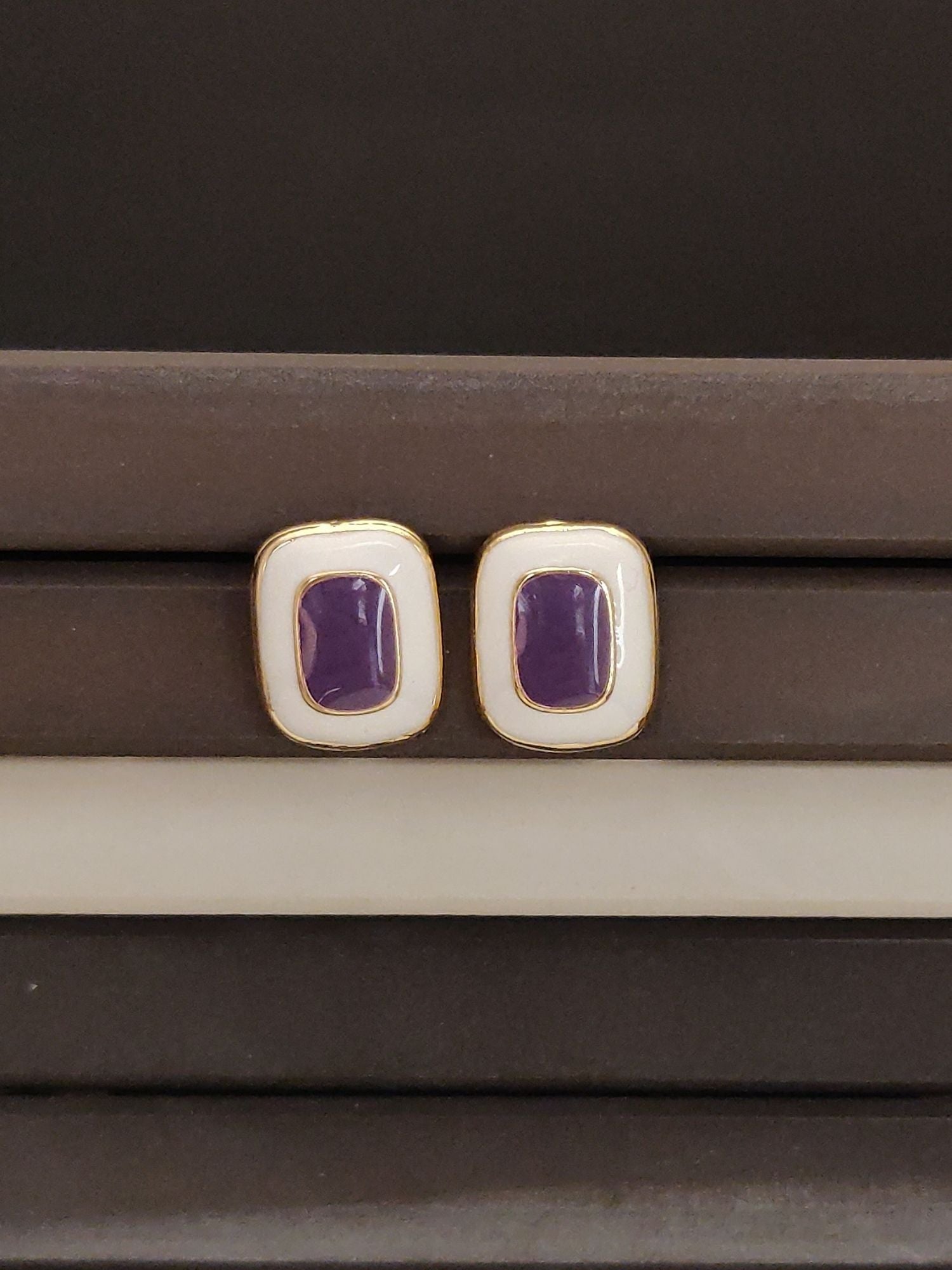 Abdesignsjewellery Gold Plated Square Shaped Studs Earring with purple center stone on white background
