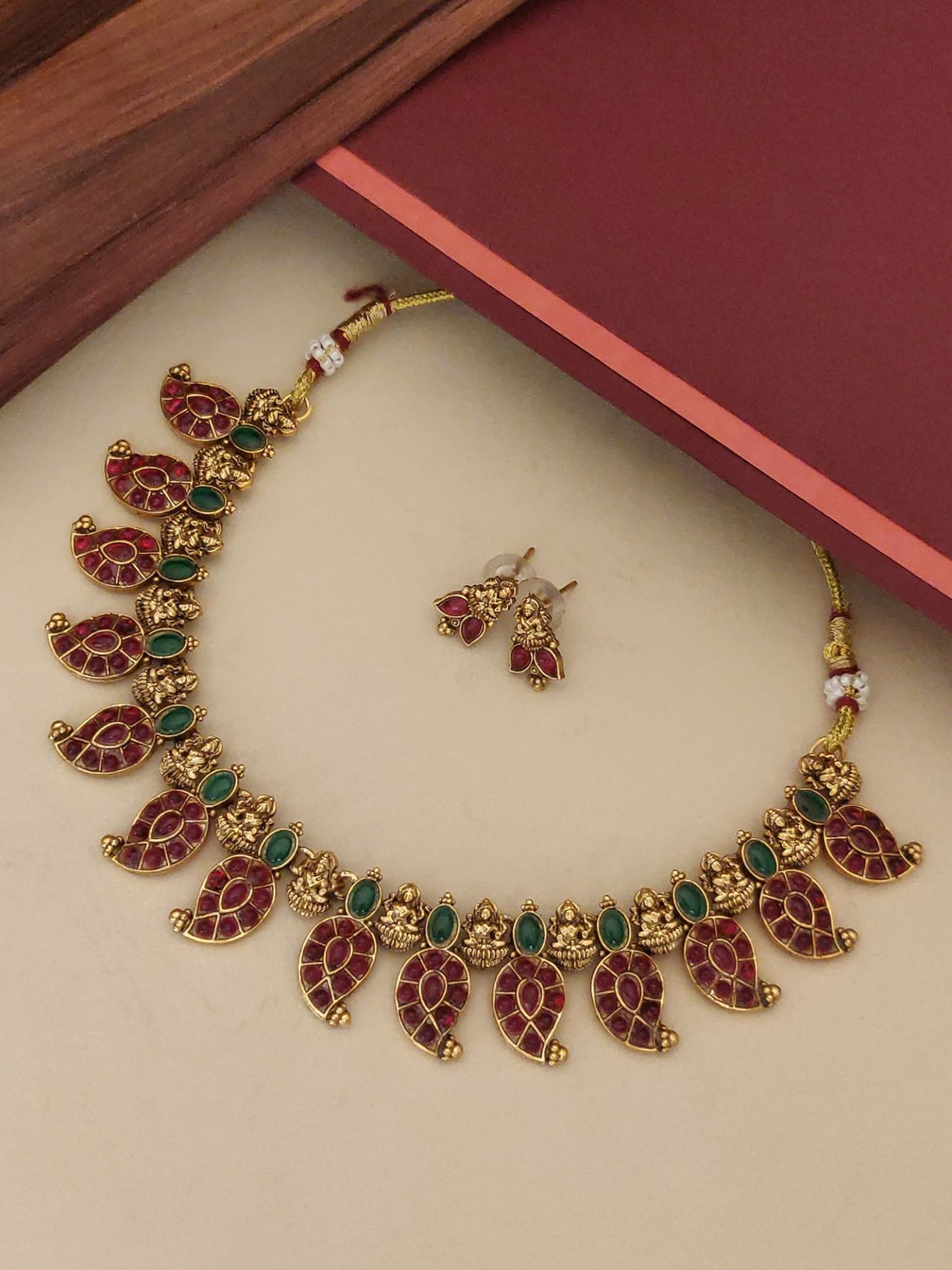 Gold Plated Temple Kempstone Necklace Set by Abdesignsjewellery with red kempstones green accents and matching earrings