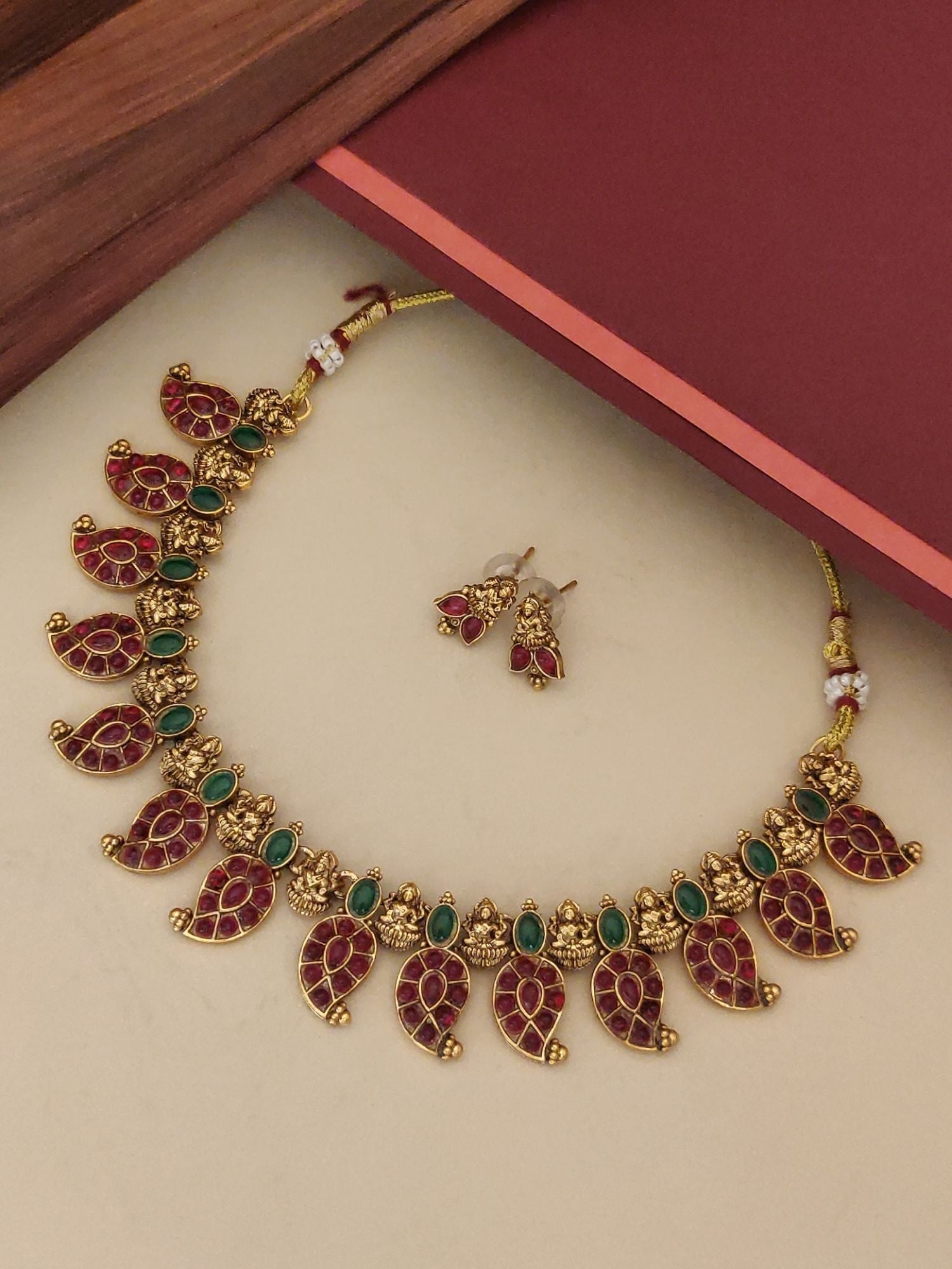 Abdesignsjewellery Gold Plated Temple Kempstone Necklace Set with red and green stones and matching earrings
