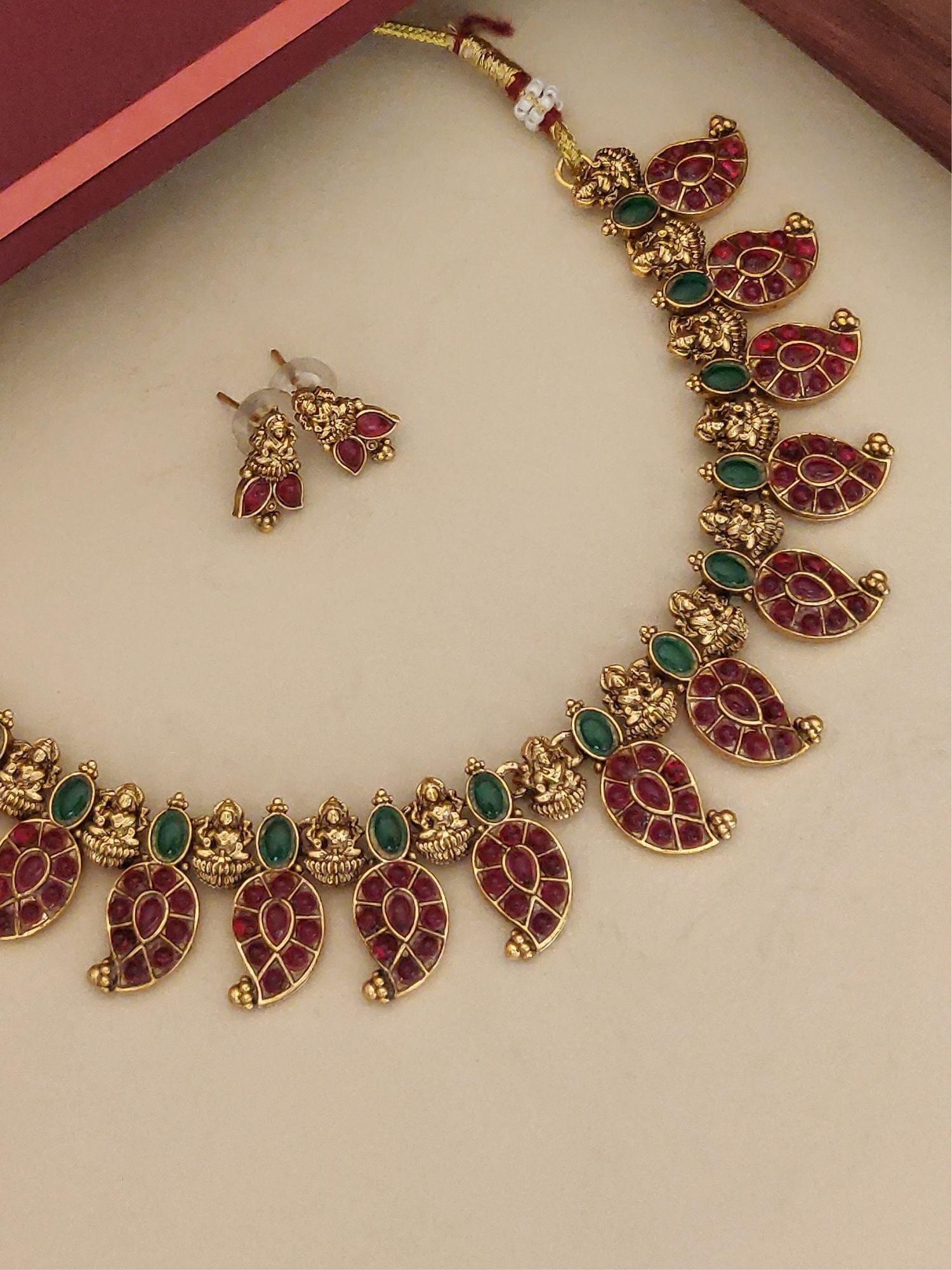 Abdesignsjewellery Gold Plated Temple Kempstone Necklace Set with red kempstone paisley motifs green accents and matching earrings