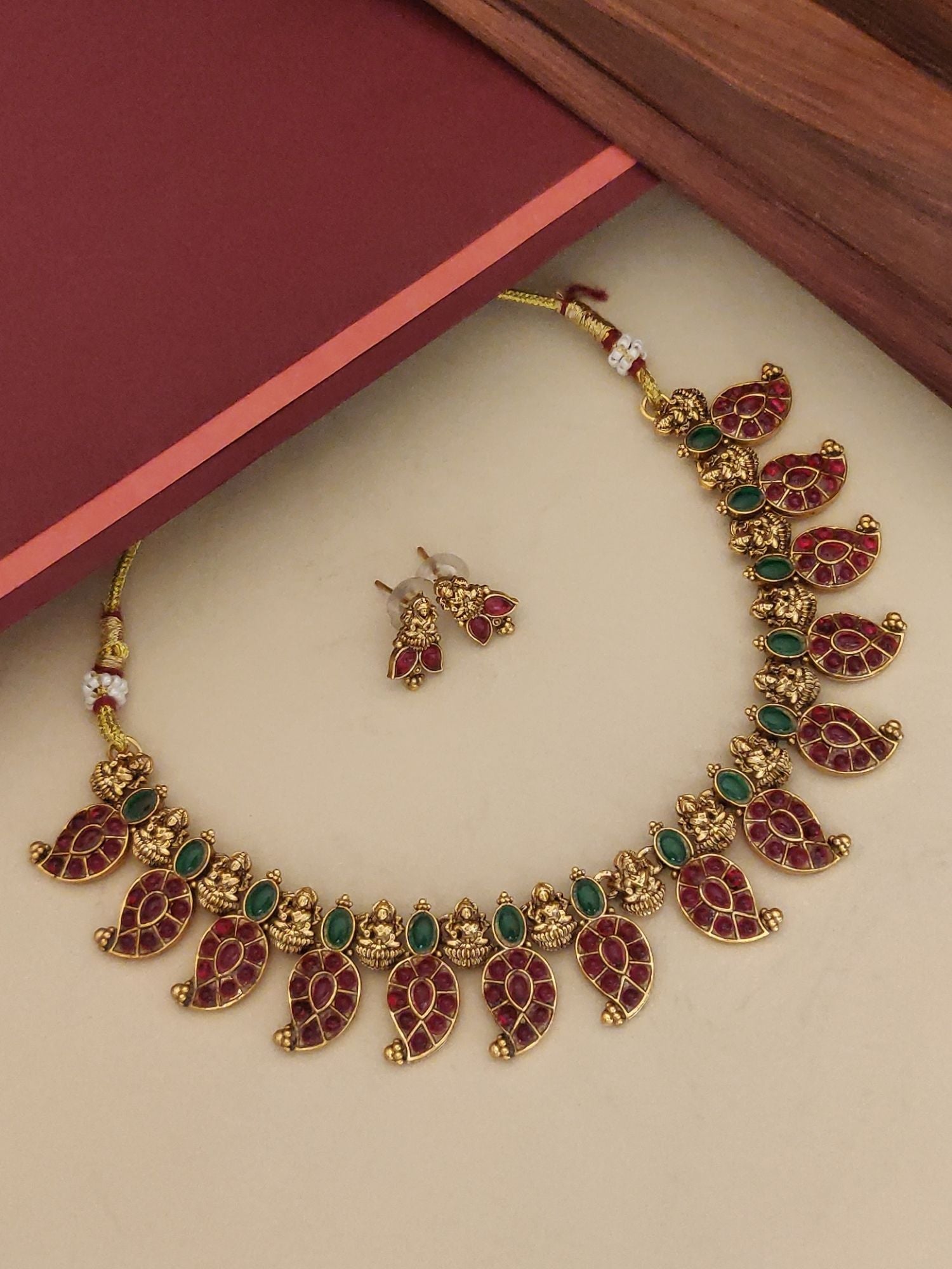 Gold Plated Temple Kempstone Necklace Set by Abdesignsjewellery with red kempstones green accents and matching earrings