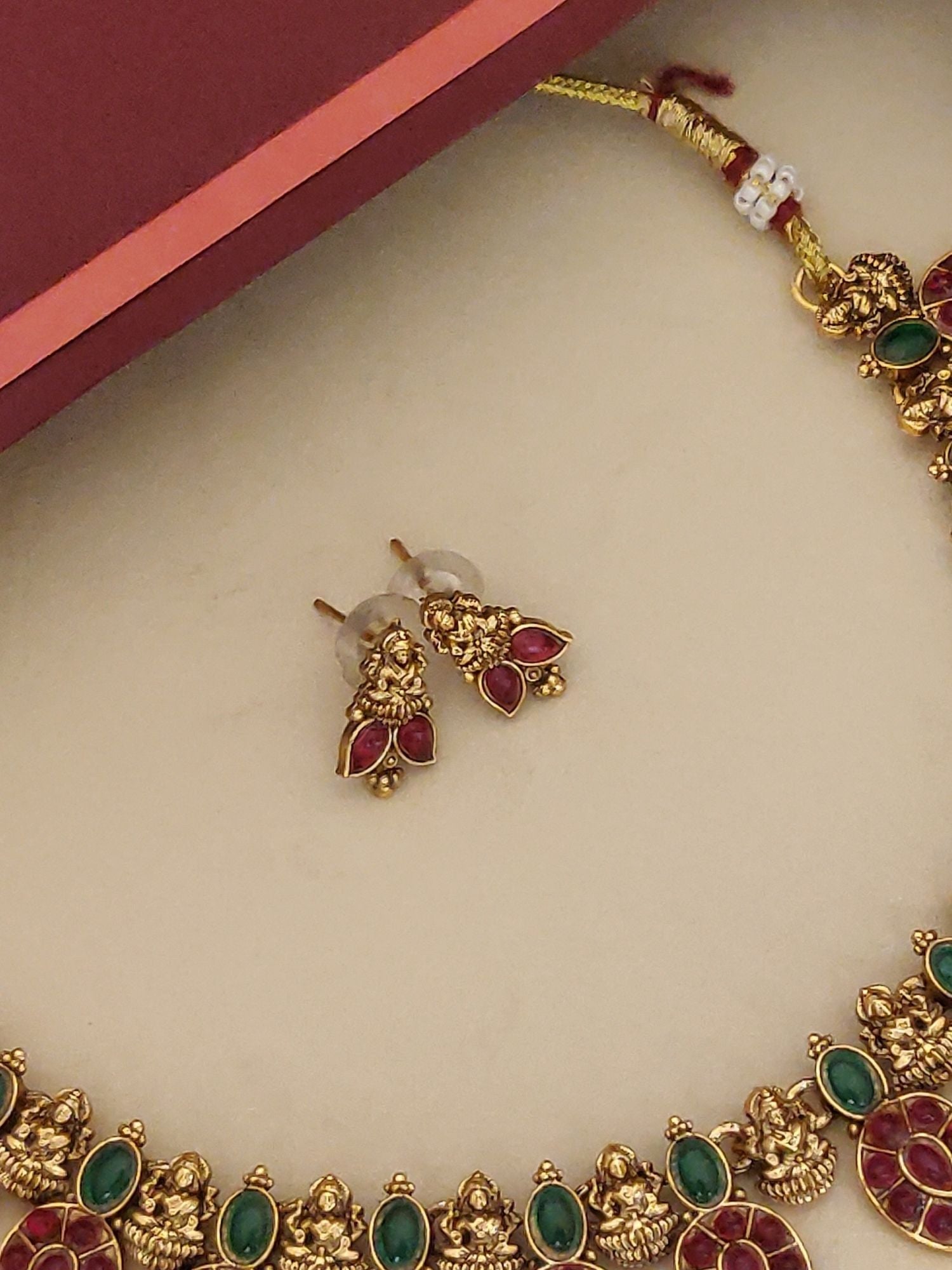 Gold Plated Temple Kempstone Necklace Set Abdesignsjewellery gold choker with green and red stones and matching studs