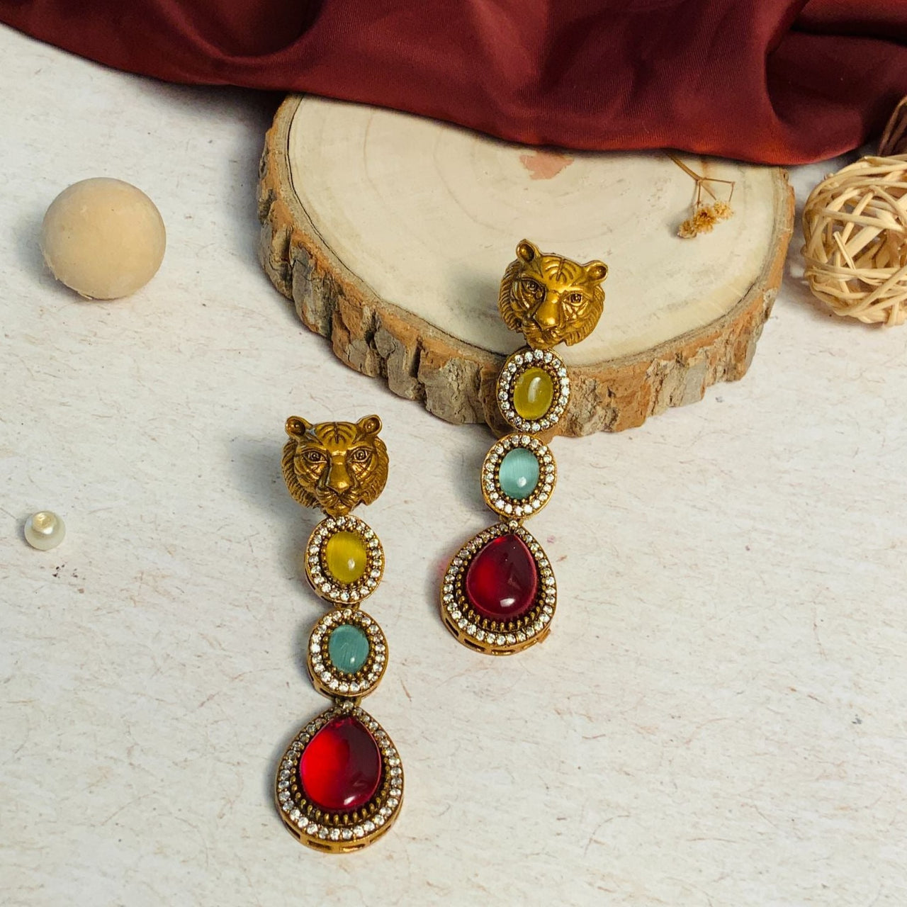 Abdesignsjewellery Gold Tiger Face Earrings with Colorful Gemstones and Pearls for Elegant Style