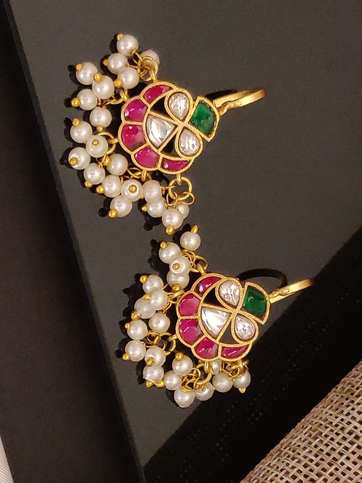 Abdesignsjewellery gold tone pearl stone earrings with red green enamel and clustered white pearl drops