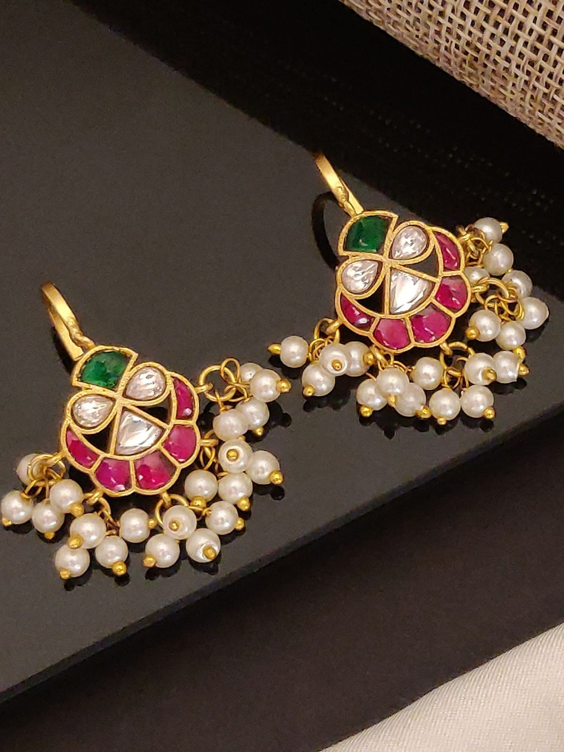 Abdesignsjewellery gold tone pearl stone earrings with green and pink enamel kundan stones and pearl clusters