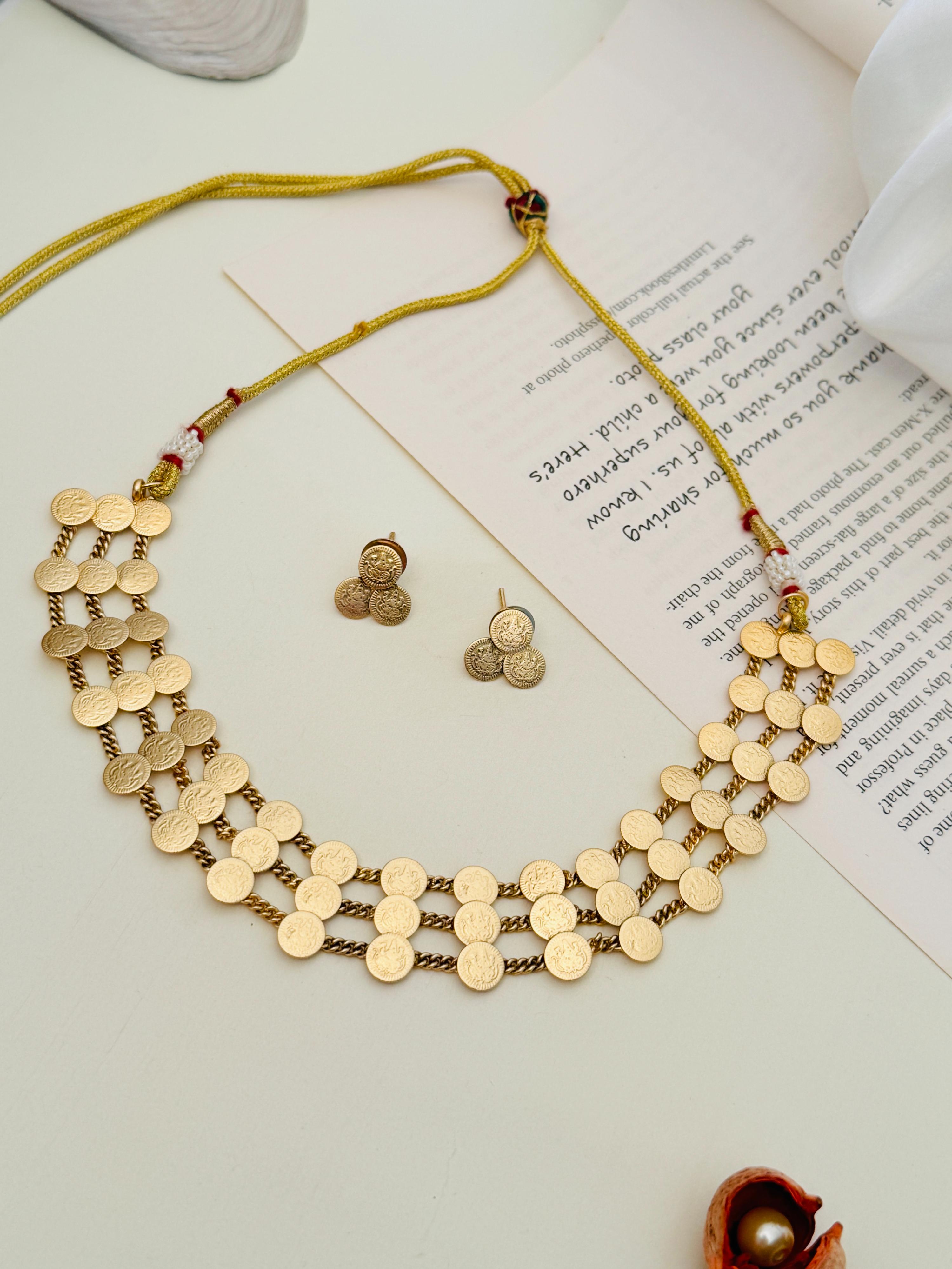 Golden Plated Matt Finish Temple Necklace Set with traditional coin design and matching earrings by Abdesignsjewellery