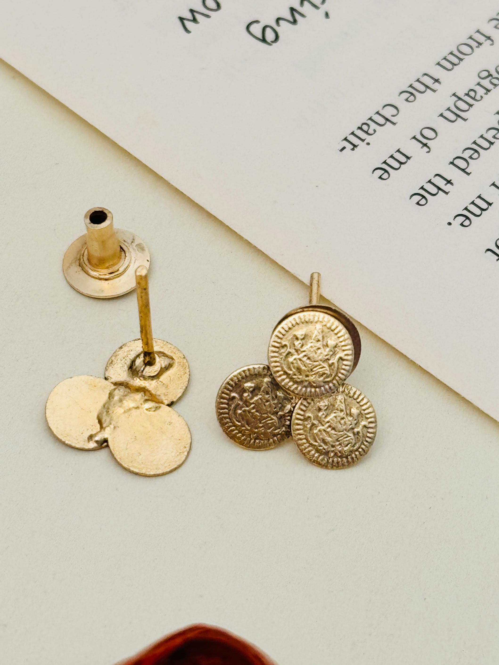 Golden Plated Matt Finish Temple Necklace Set earrings with intricate coin design by Abdesignsjewellery