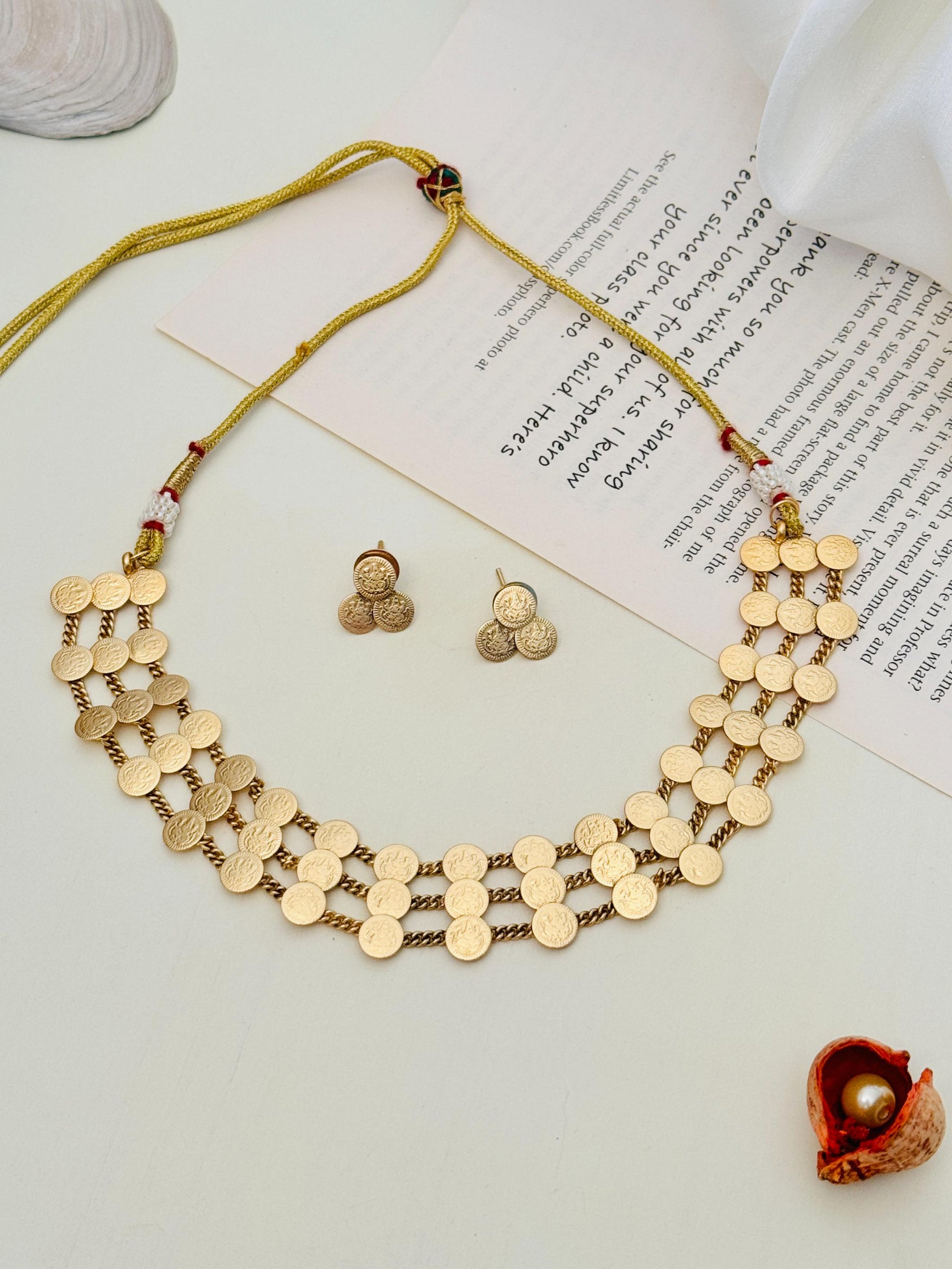 Golden Plated Matt Finish Temple Necklace Set with matching earrings by Abdesignsjewellery