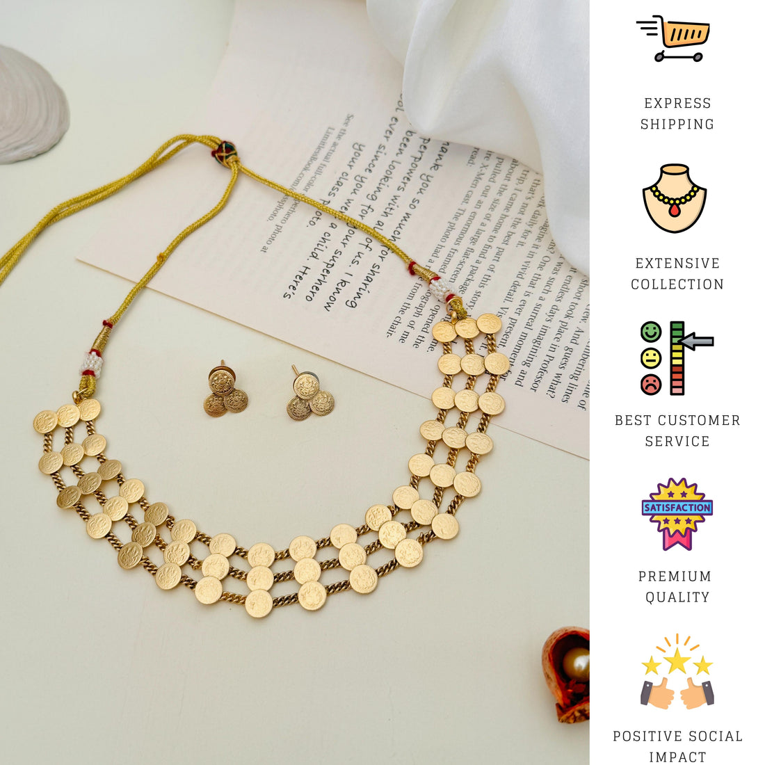 Golden Plated Matt Finish Temple Necklace Set by Abdesignsjewellery worn by woman with matching earrings