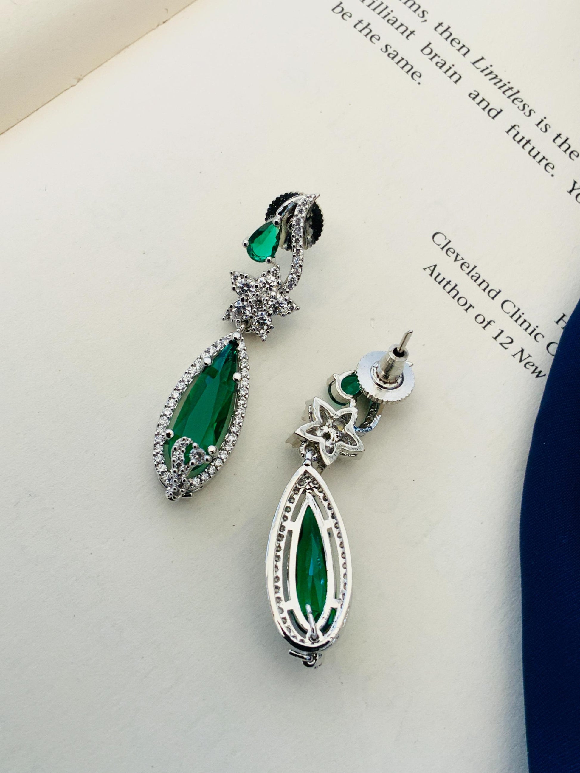 Blue Sapphire Silver Plated American Diamond Necklace Set featuring green teardrop stones and intricate silver detailing