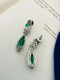 Thumbnail for Blue Sapphire Silver Plated American Diamond Necklace Set featuring green teardrop stones and intricate silver detailing