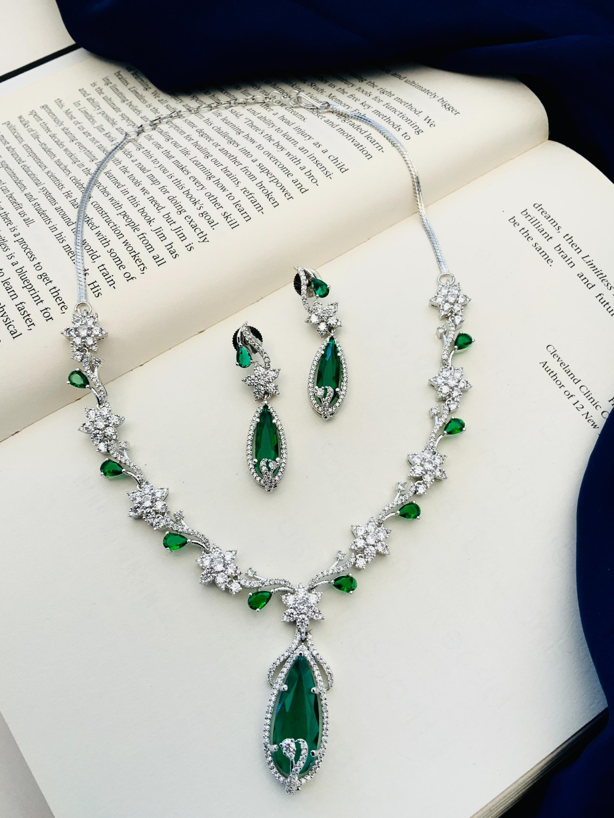 Blue Sapphire Silver Plated American Diamond Necklace Set with green teardrop stones and floral design