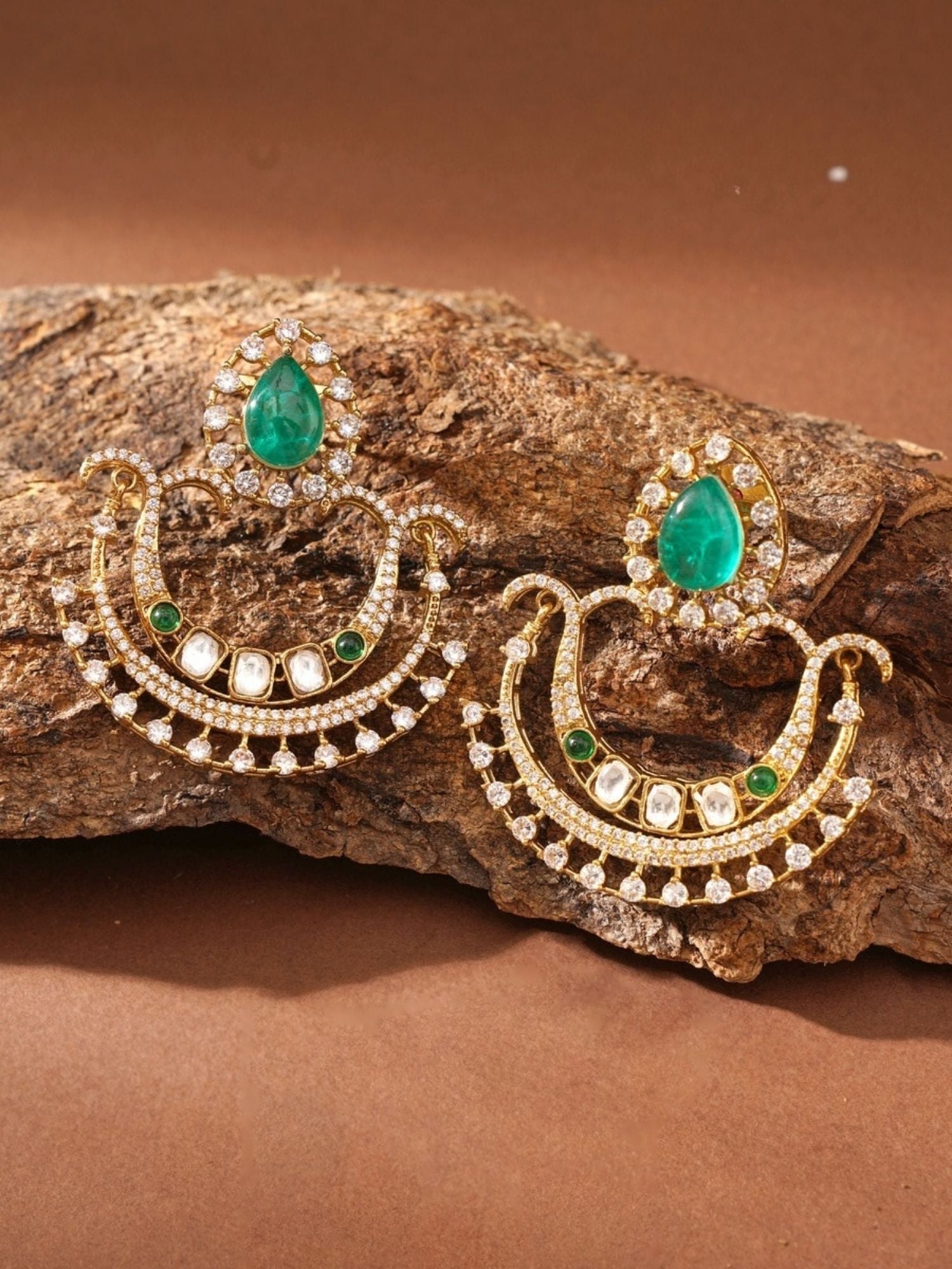 Abdesignsjewellery gold chandelier earrings with teardrop green stone and crystal halo green stone earrings for women