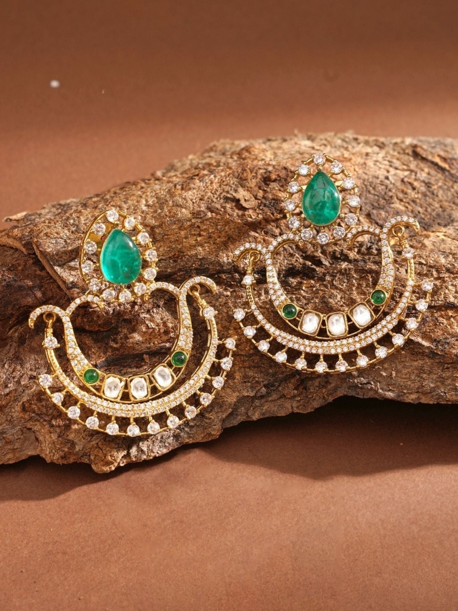 Abdesignsjewellery ornate gold chandelier green stone earrings for women with teardrop emerald and crystal accents