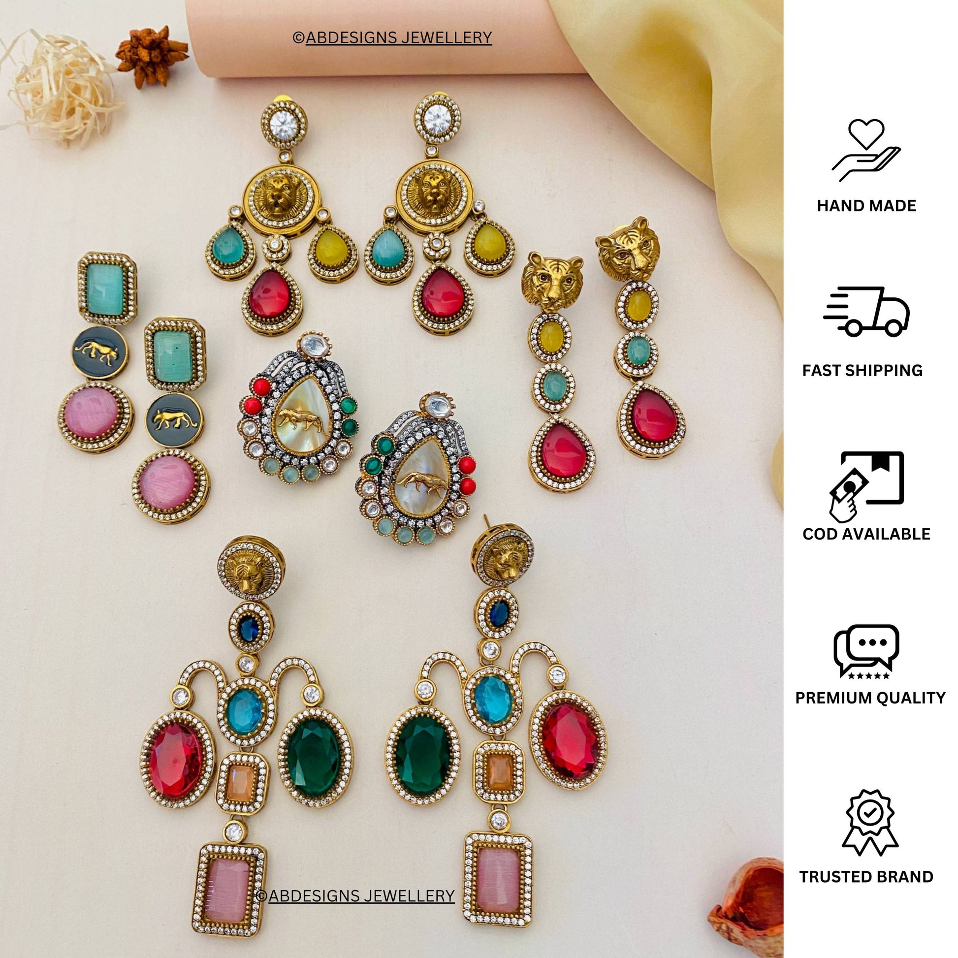 Collection of handmade earrings by Abdesignsjewellery featuring colorful stones and intricate designs