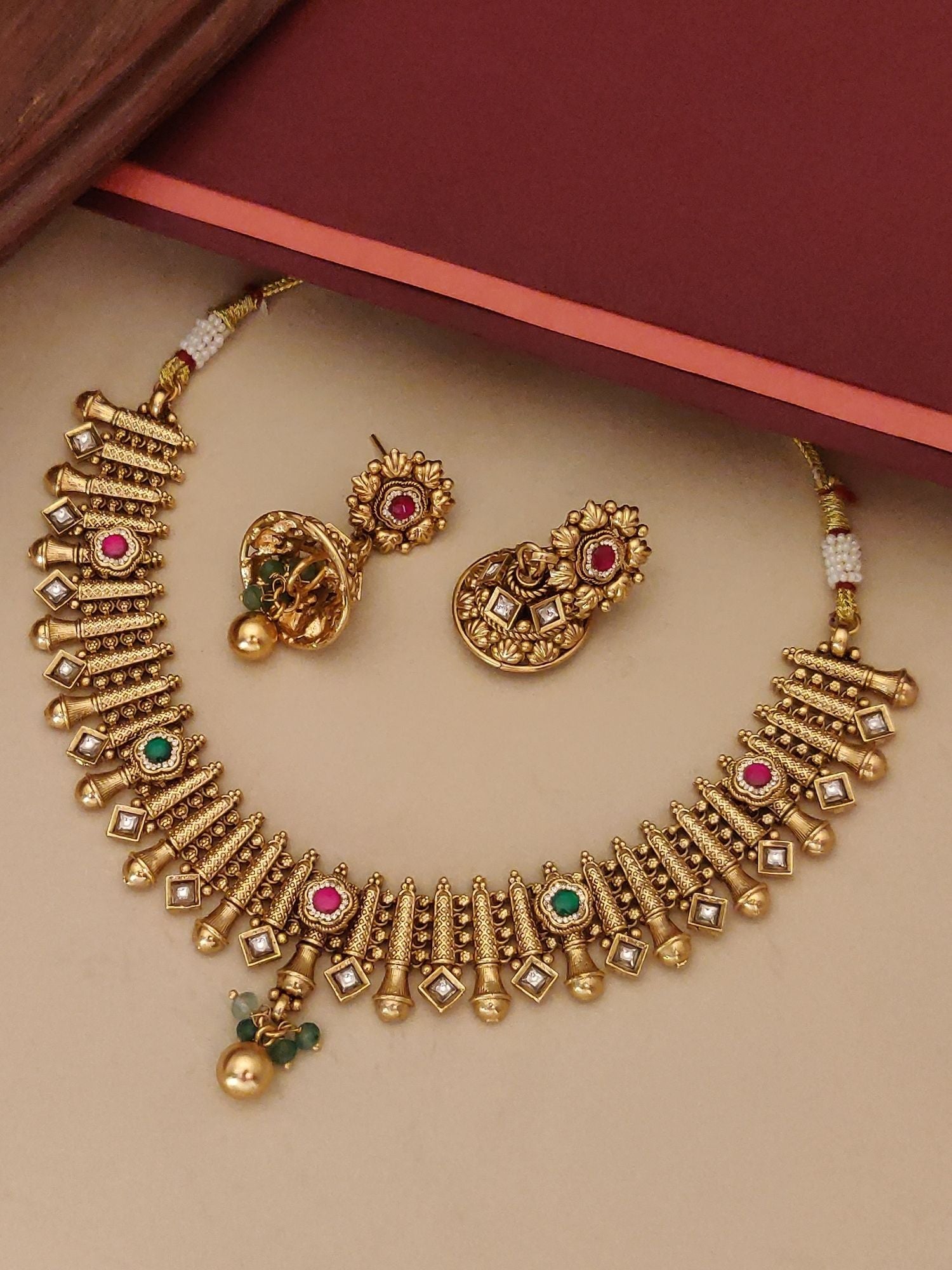 High Quality Antique Gold Plated Swaroski Stones Necklace Set Abdesignsjewellery green and pink stones with matching earrings
