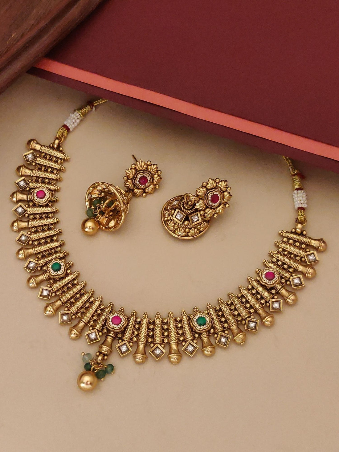 High Quality Antique Gold Plated Swaroski Stones Necklace Set Abdesignsjewellery green and pink stones with matching earrings