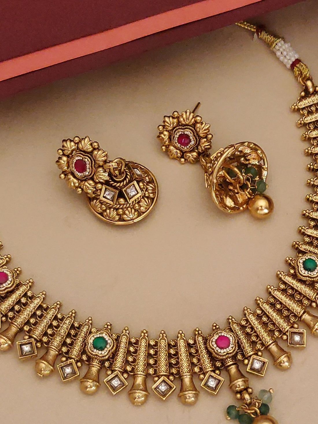 High Quality Antique Gold Plated Swaroski Stones Necklace Set Abdesignsjewellery green and pink stones with matching earrings