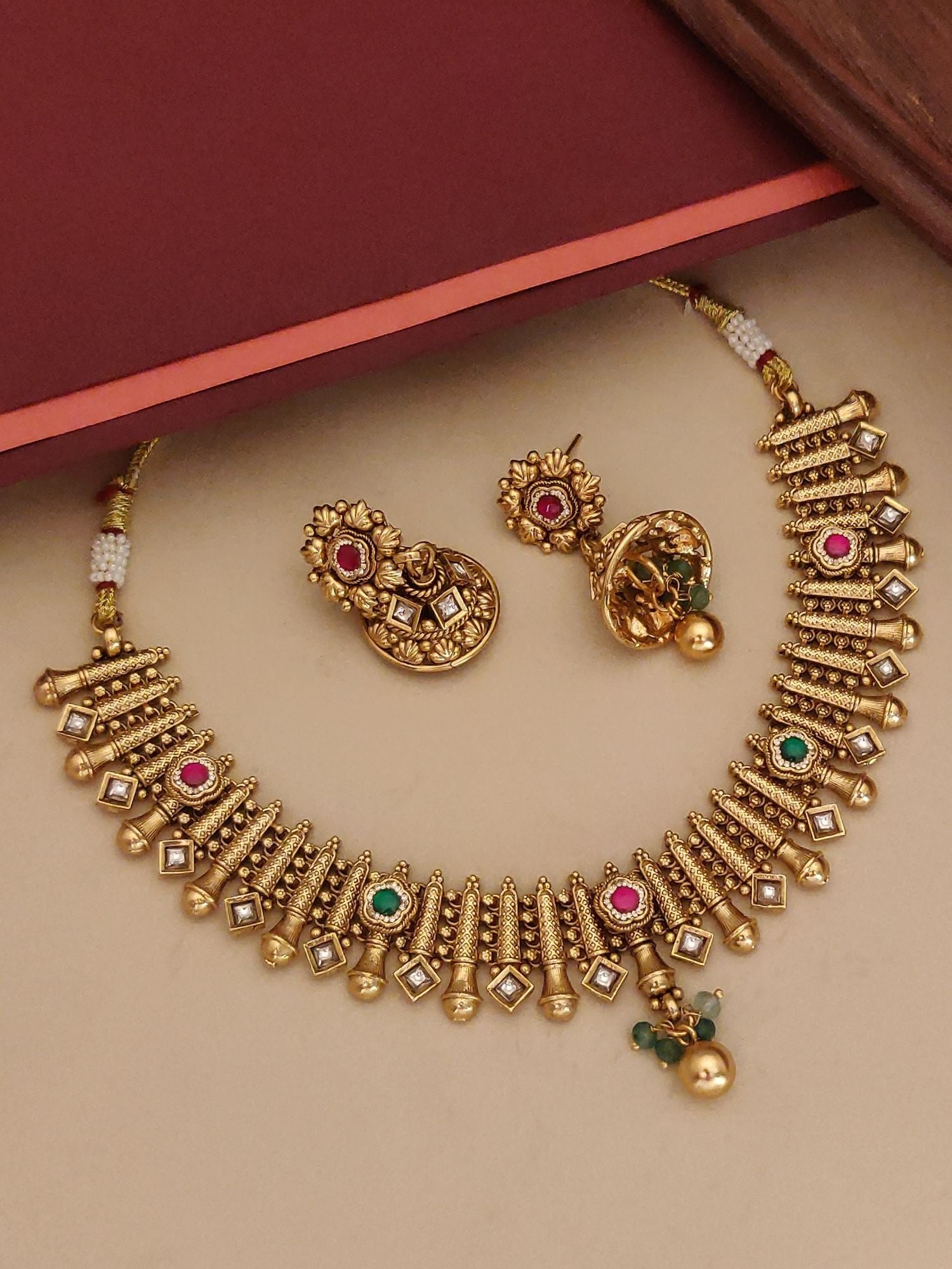 Abdesignsjewellery High Quality Antique Gold Plated Swaroski Stones Necklace Set with multicolor stones and matching earrings