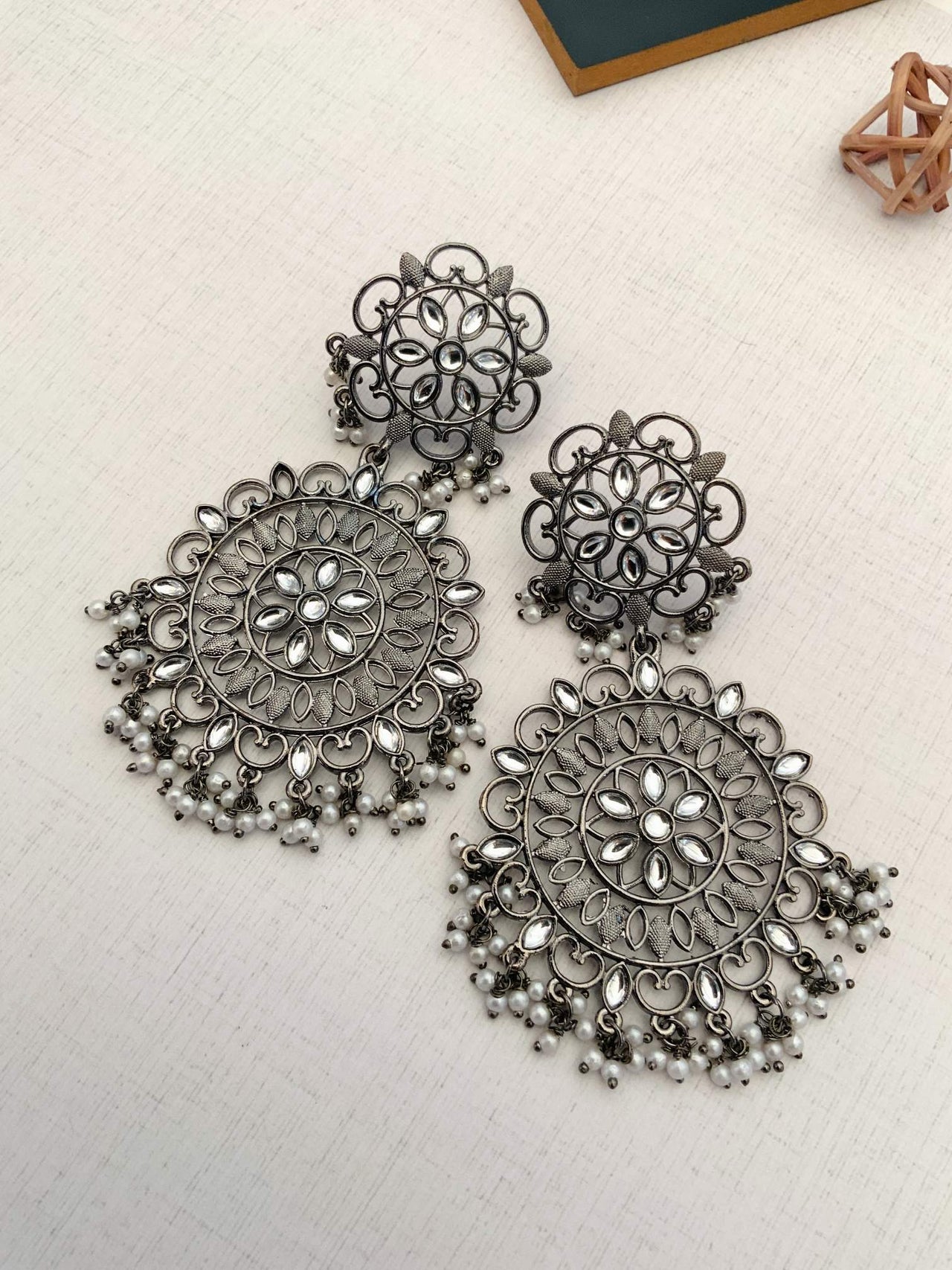 Abdesignsjewellery high quality German silver plated pearl earrings with intricate floral design and dangling pearls
