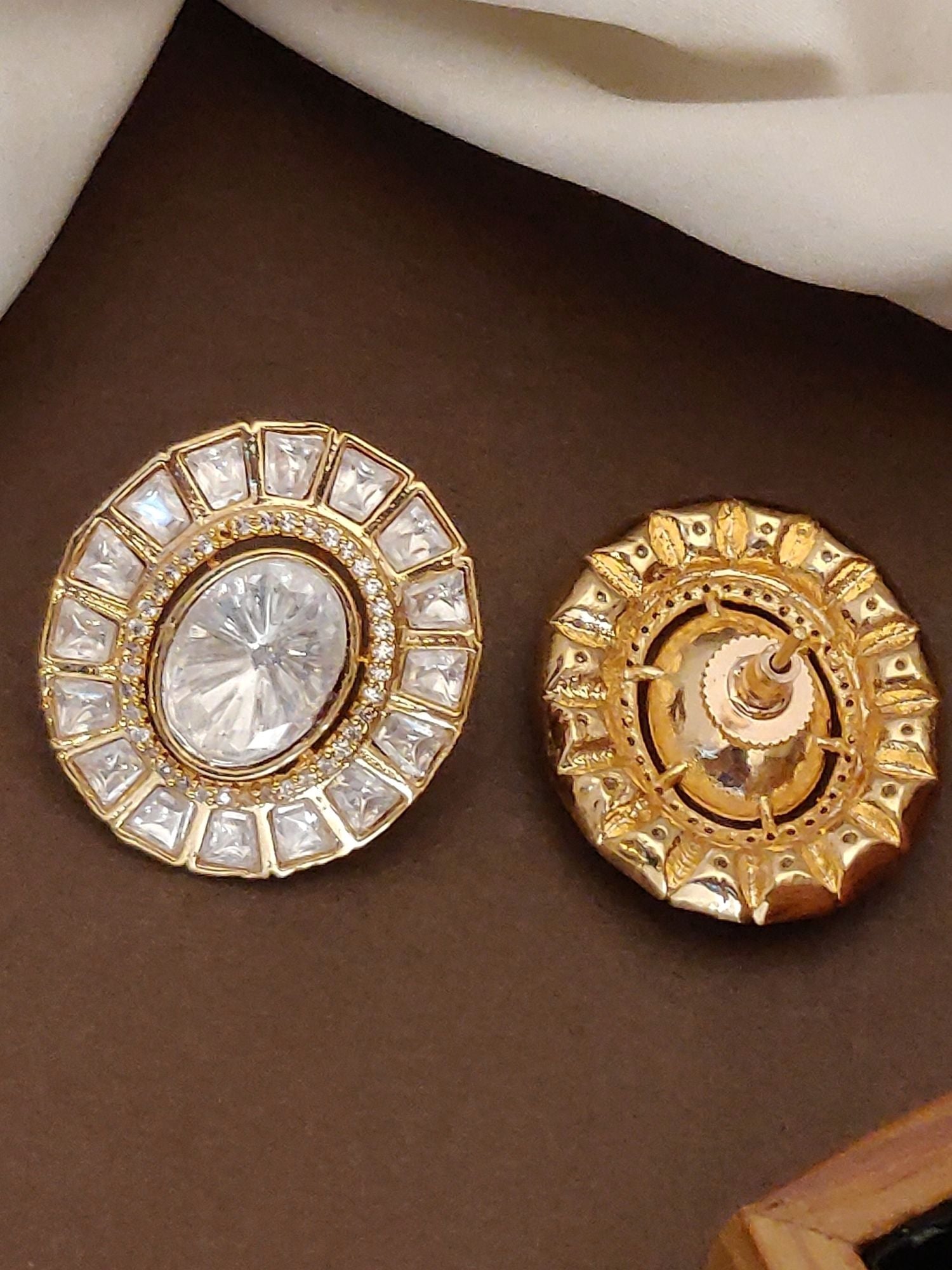 High Quality Gold Plated Polki Studs Earring round oval center crystal with halo of clear stones and screw back