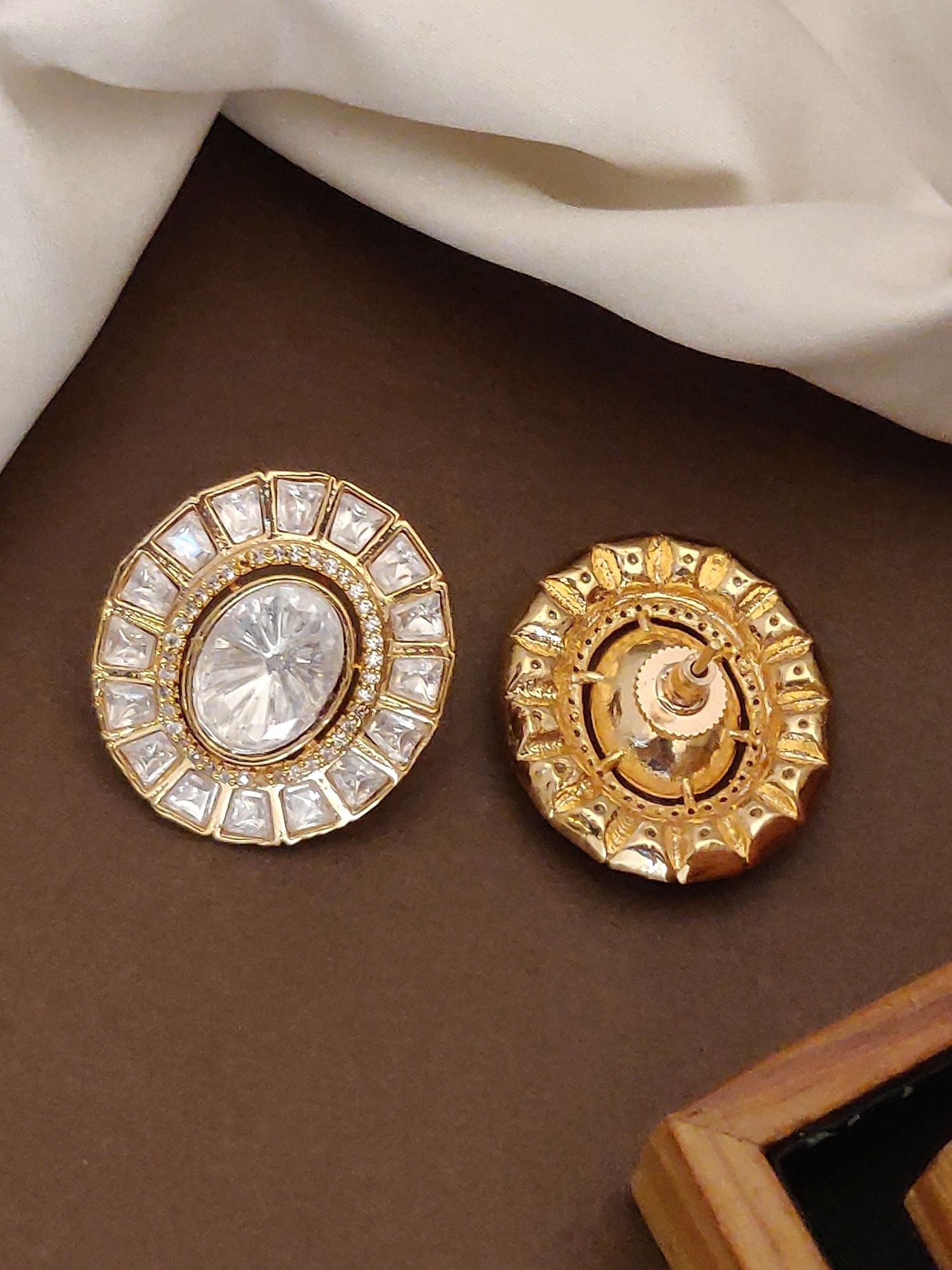 Pair of High Quality Gold Plated Polki Studs Earring featuring oval center stone and square halo settings one showing back