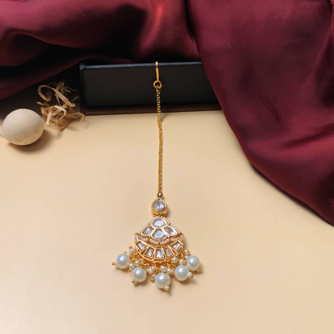 High Quality Gold Plated Royal Polki MaangTikka with Pearl Accents for Elegant Traditional Looks