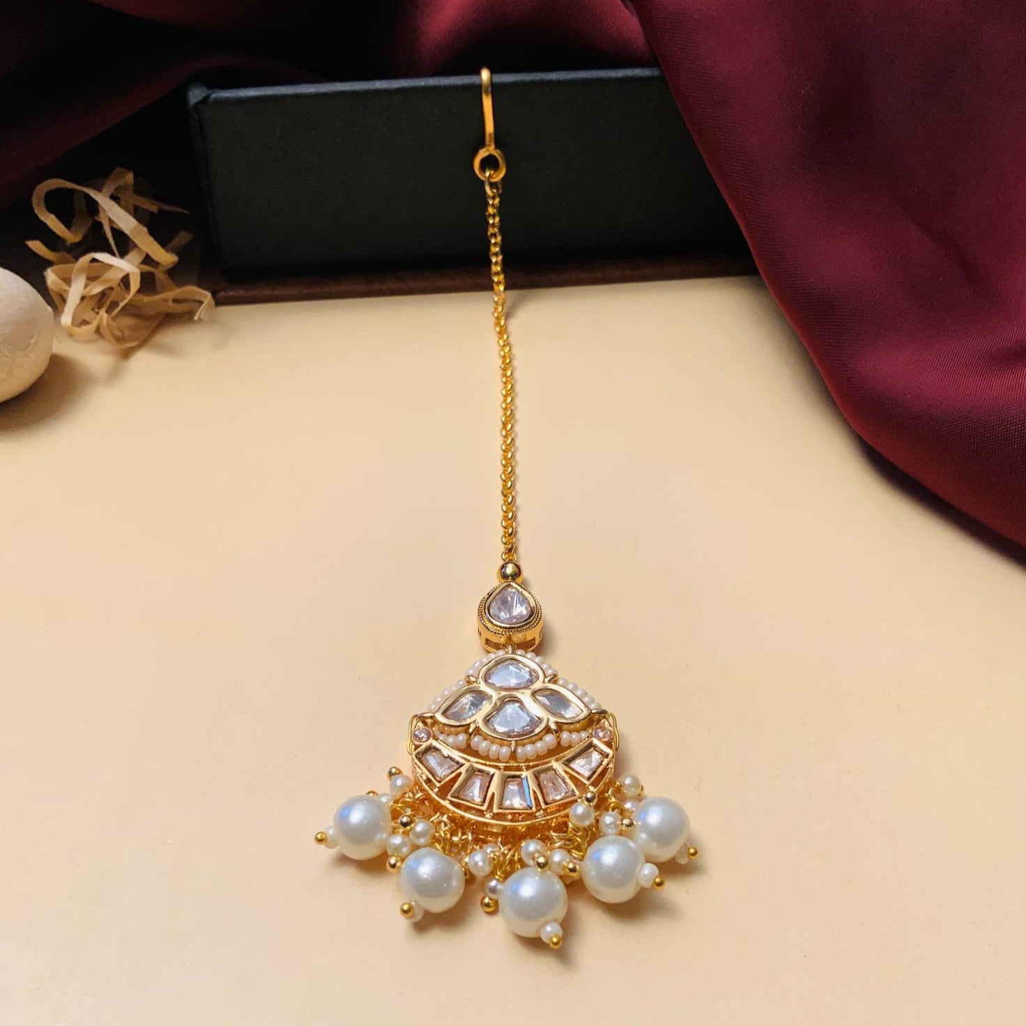 High Quality Gold Plated Royal Polki MaangTikka with Pearl Details for Traditional Elegance