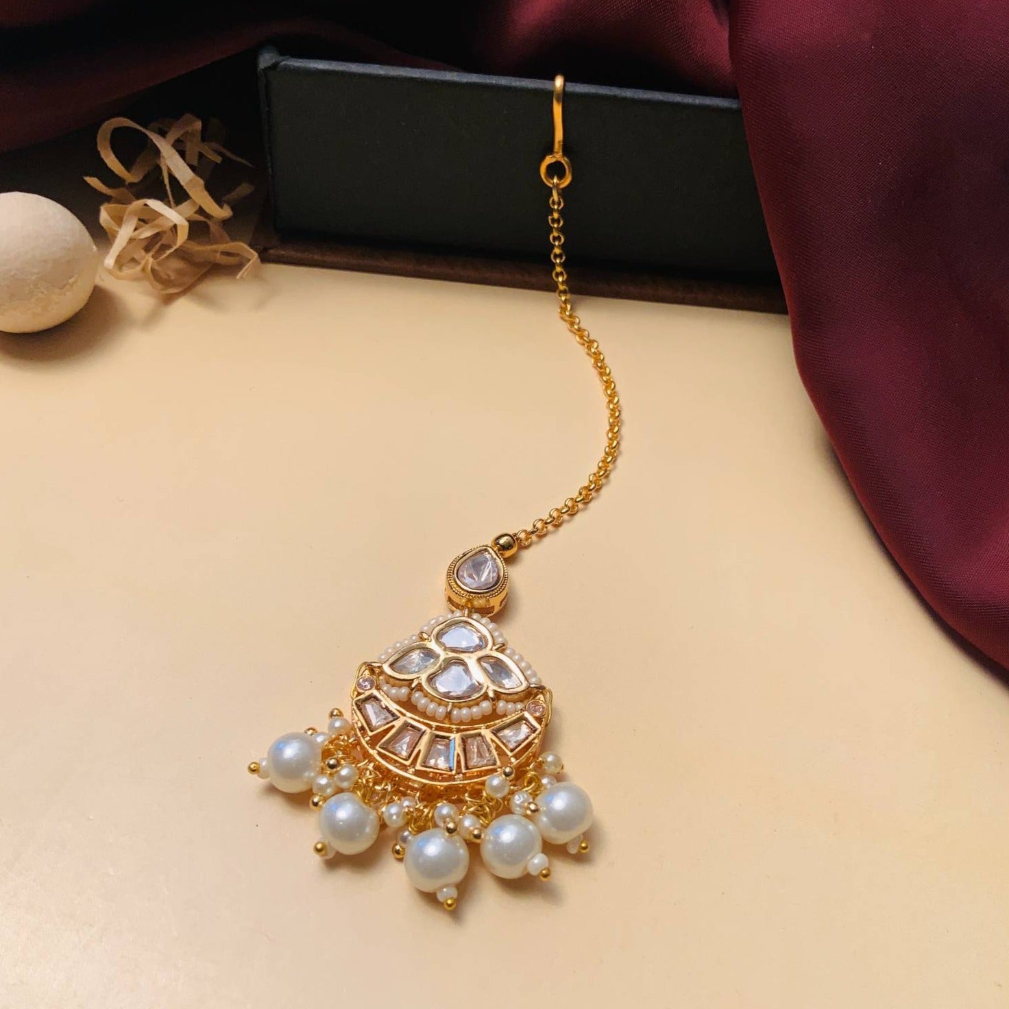High Quality Gold Plated Royal Polki MaangTikka with Pearl Accents and Intricate Design
