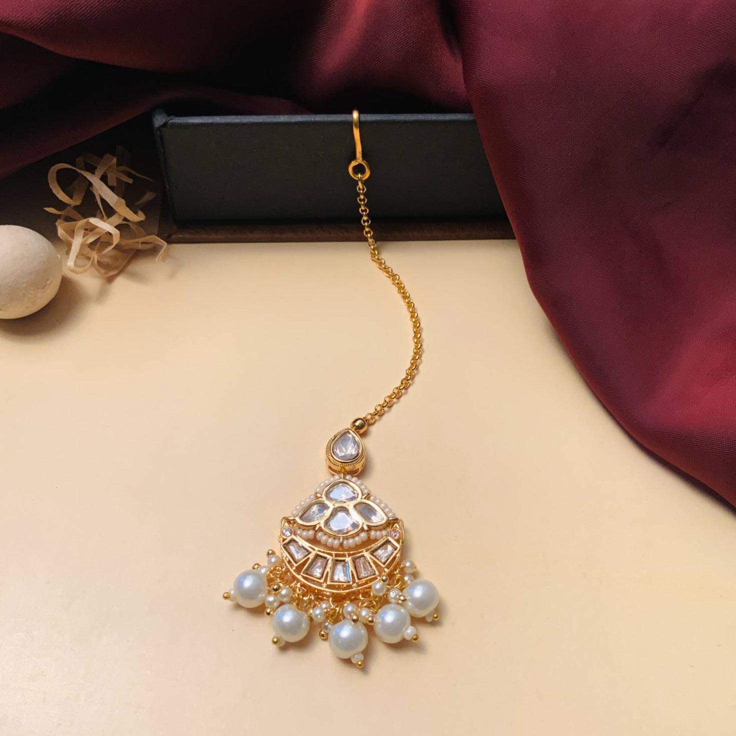 High Quality Gold Plated Royal Polki MaangTikka with Pearl Detailing and Elegant Design