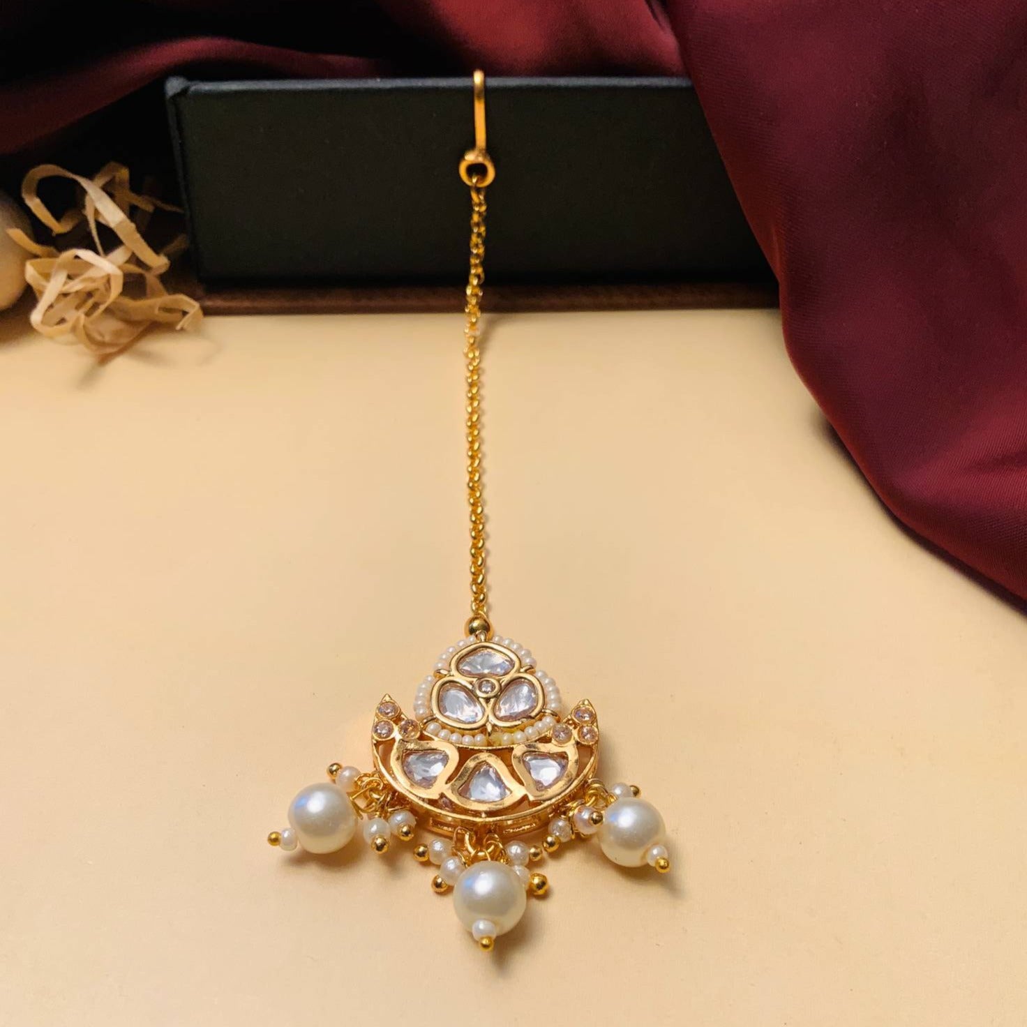 High Quality Gold Plated Royal Polki MaangTikka with Elegant Pearl Droplets for Traditional Indian Jewelry