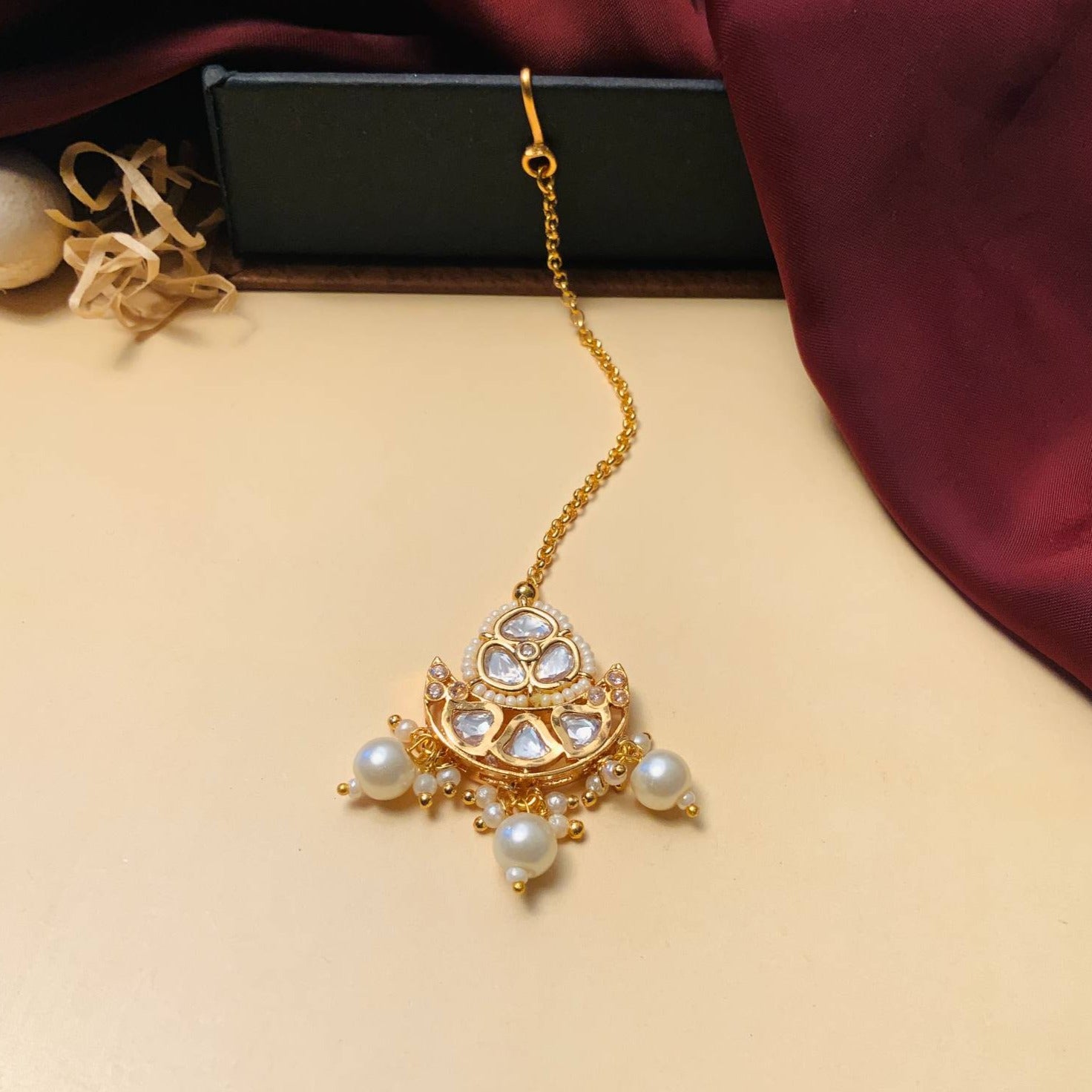 High Quality Gold Plated Royal Polki MaangTikka with Pearl Accents for Traditional Indian Look