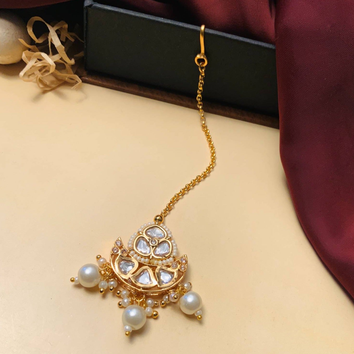 High Quality Gold Plated Royal Polki MaangTikka with intricate design and pearl accents