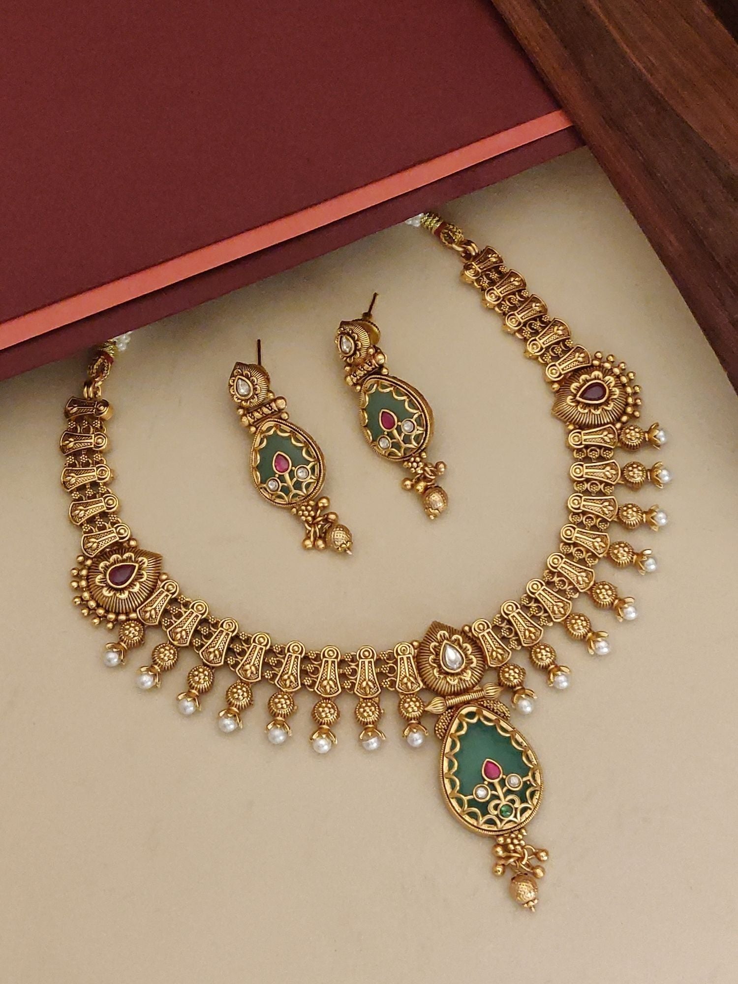 Abdesigns Jewellery Imitation Necklace Set with Earrings featuring intricate design and colorful accents