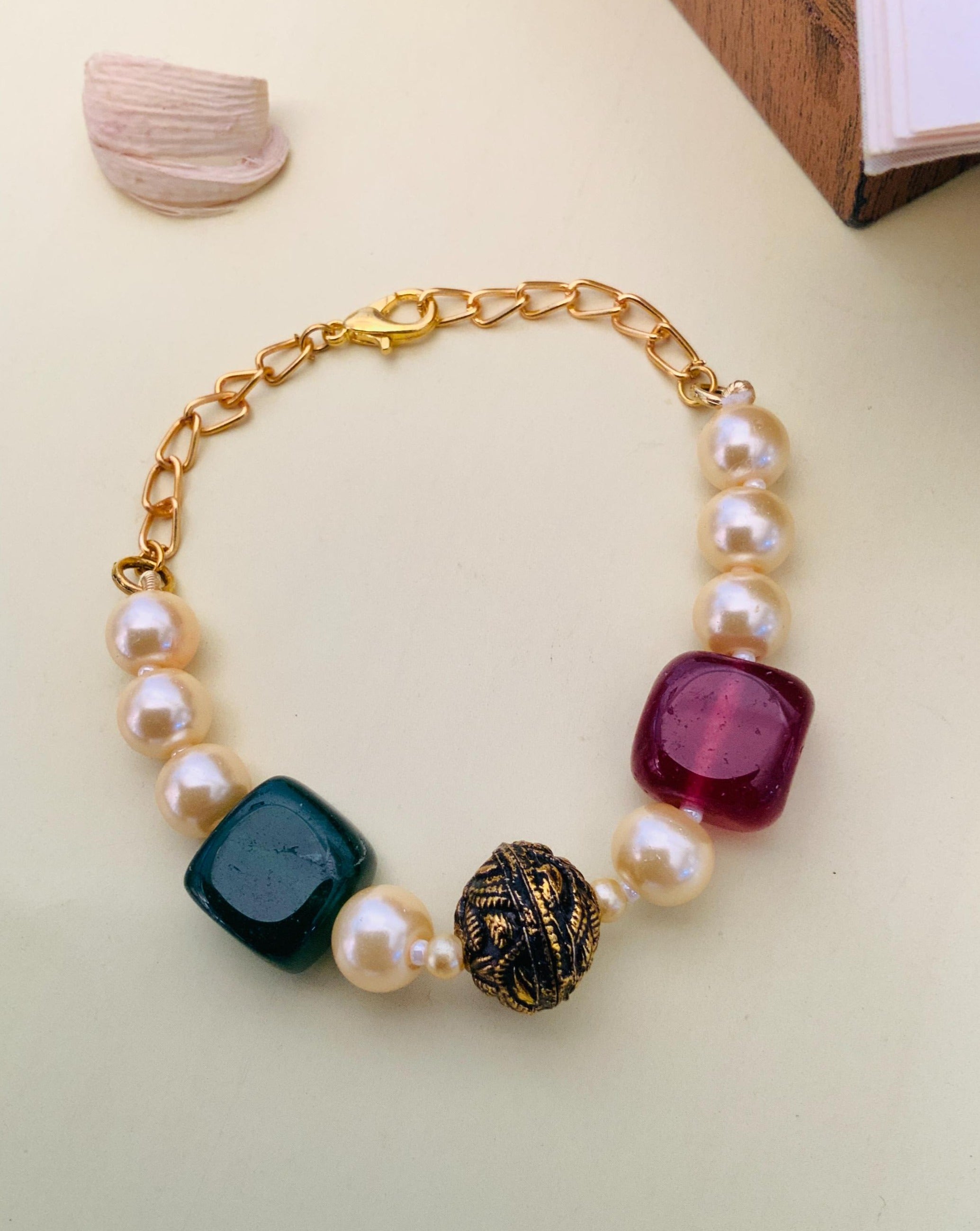 Abdesignsjewellery Jaipuri Beads Hand Bracelet with gold chain, pearl beads, and colorful stones