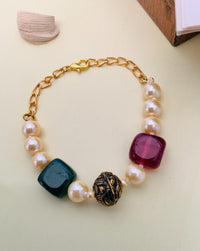 Thumbnail for Abdesignsjewellery Jaipuri Beads Hand Bracelet with gold chain, pearl beads, and colorful stones