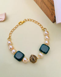 Thumbnail for Jaipuri Beads Hand Bracelet by Abdesignsjewellery featuring white pearls, green beads, and gold chain