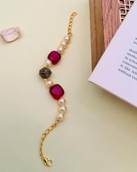 Thumbnail for Jaipuri Beads Hand Bracelet with pearl-like beads, red stones, and golden chain clasp by Abdesignsjewellery