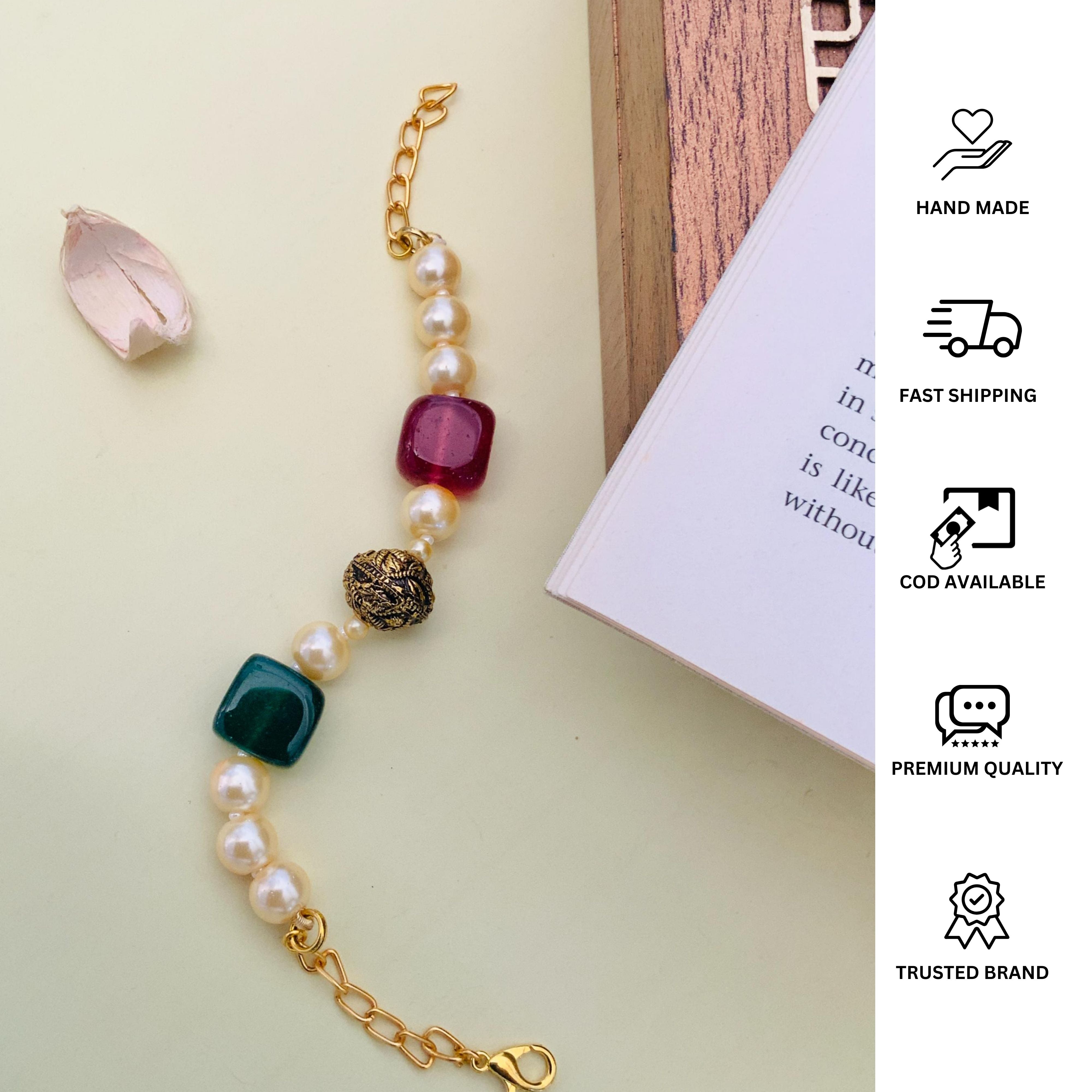 Jaipuri Beads Hand Bracelet by Abdesignsjewellery featuring pearls and colorful beads with gold chain